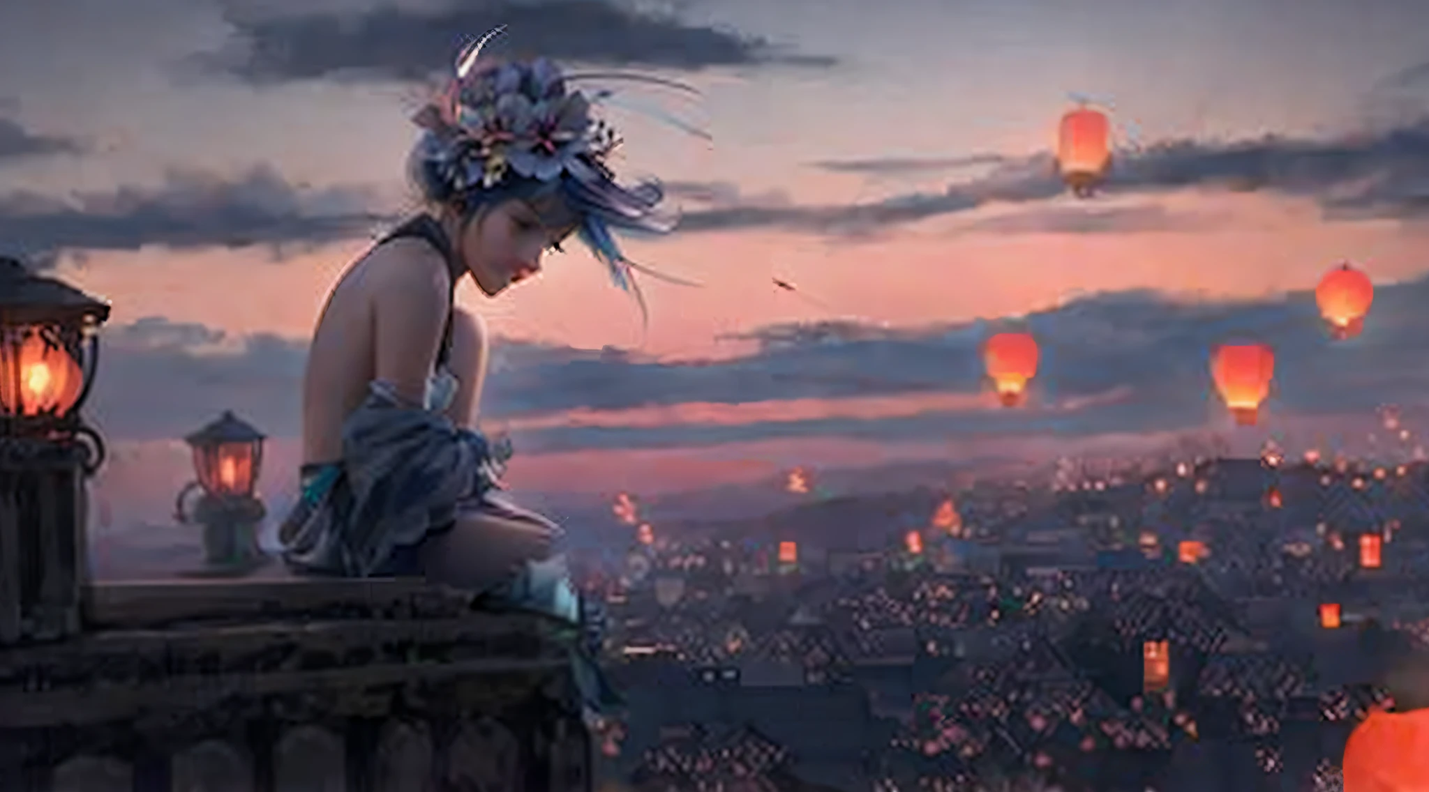 A woman sits on a windowsill，Lanterns fly in the sky, 🌺 CGSesociety, Guviz-style artwork, ross tran. scenery background, Dawn CGSOCIETY, Loish et WLOP, trending on cgsociety art, ross tran and wlop, Guviz, [ trending on CGSociety ]!!, mohrbacher, CGSesociety )