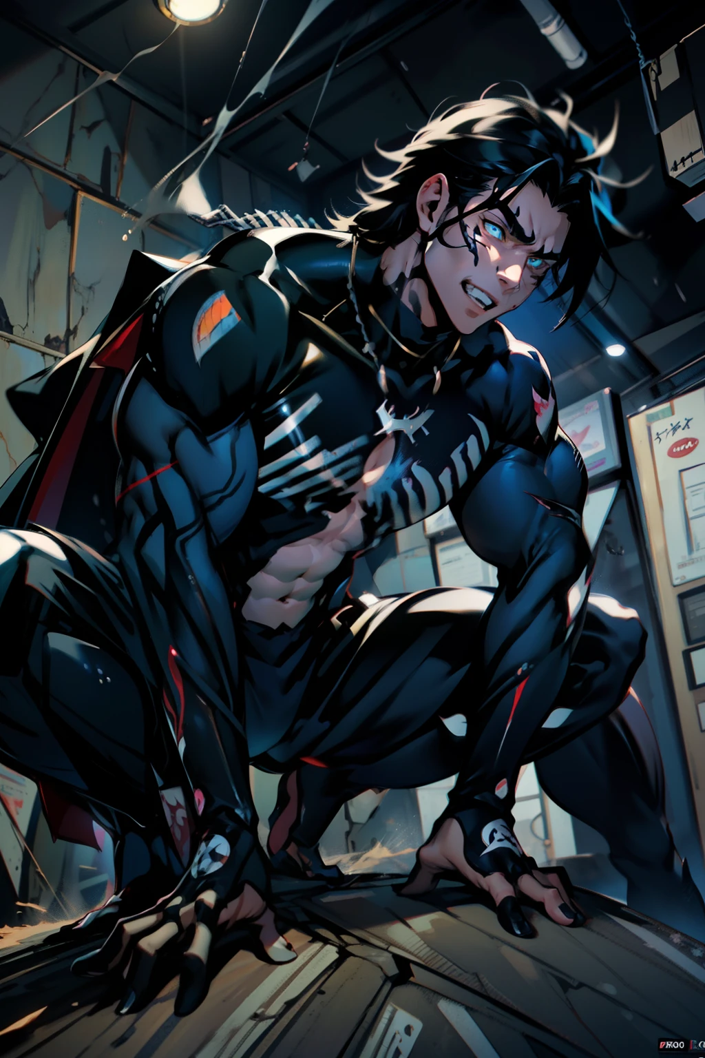 《the original god》Arataki Kazuto , male people, chest muscle, Sexy , Venom symbiote for your body, Black mucus of the body , into venom, venomize,Black bodysuit,(Cloak),Red cape,Abs,(Adult male)((Venom possession,venom symbiote)),over-Tortoise Man,Battle damage,((Masterpiece)), ((Best quality)), Ultra detailed,((illustration)), Dynamic Angle, Detailed light, (Delicate eyes), Floating, 1boy, Male focus, Head, Clothing, Yellow eyes, necklace, tattoo, (Forehead:0.8), (ahoge:0.8), jewelry, brunette color hair,apathy,Ray, chest muscle, Sexy , Venom symbiote for your body, Black mucus of the body , (into venom), Venom,frontage,Bust photo,White tight-fitting top,spiderman outfit,style of anime4 K, 4K anime wallpaper, Badass anime 8 K, 4 k comic wallpaper, young anime man, Anime boys, Anime wallpapers 4 k, Anime wallpaper 4K, High quality anime art style, Anime moe art style, Anime art wallpaper 8 K, Anime art wallpaper 4 K, RGB lighting,