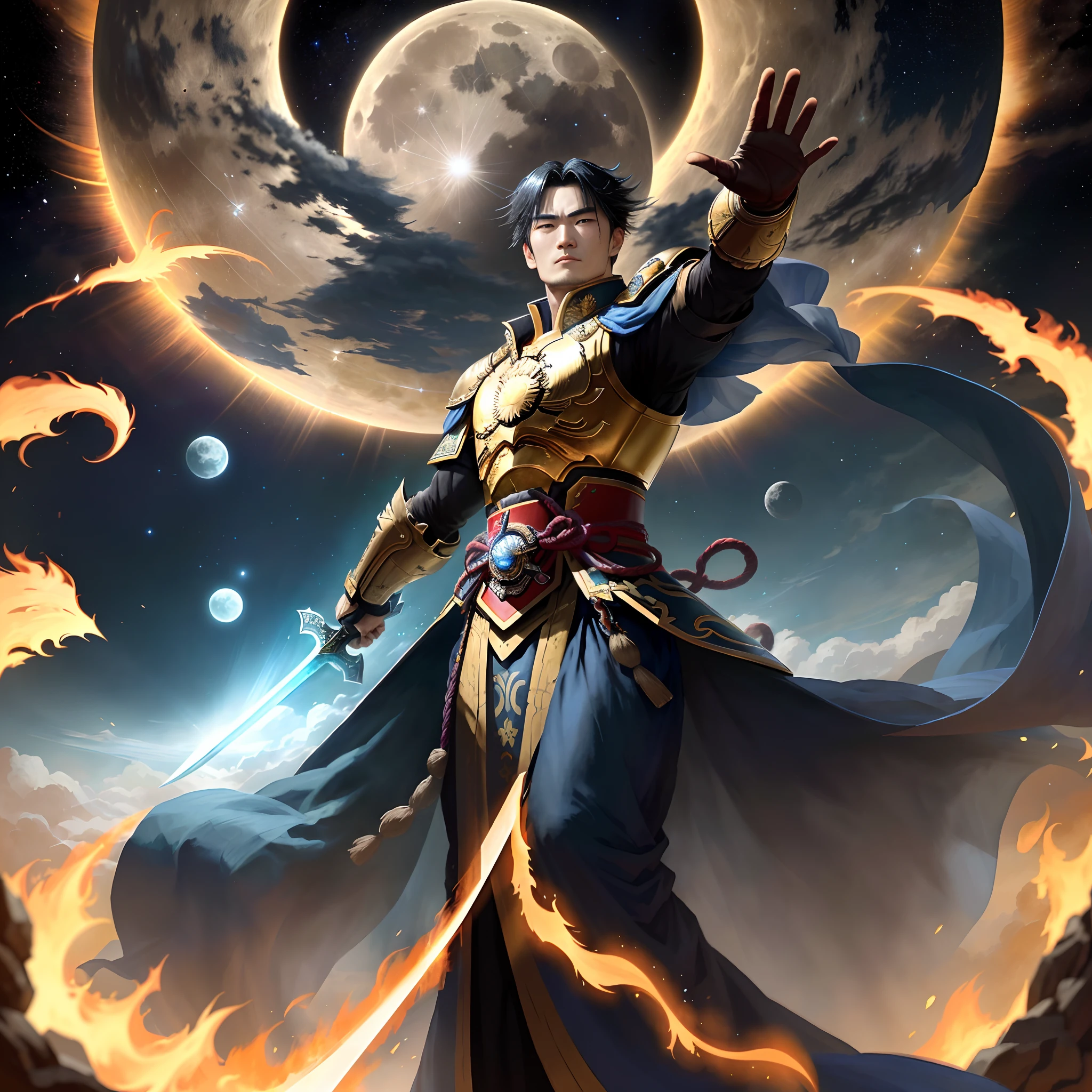 He is an incomparable powerhouse，One hand to fight three thousand emperors，Push the thirteen continents with both palms。He has a monopoly on the sword。One thought can destroy heaven and earth。By his side，suns, The moon and stars are around