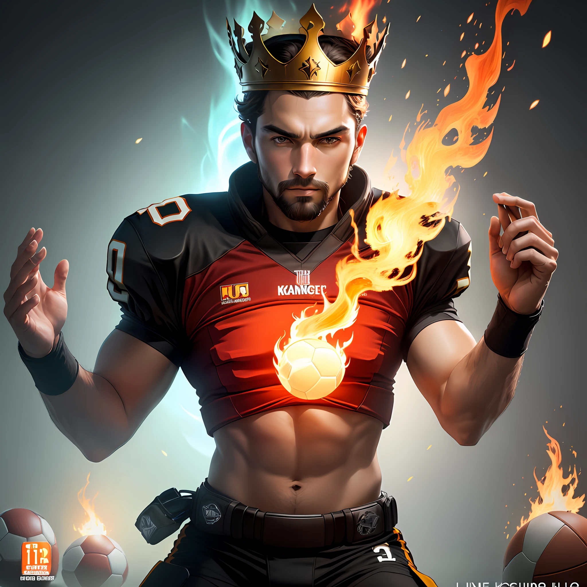 The king of balls holds a football,Background science fiction,With flame,Cover wallpaper