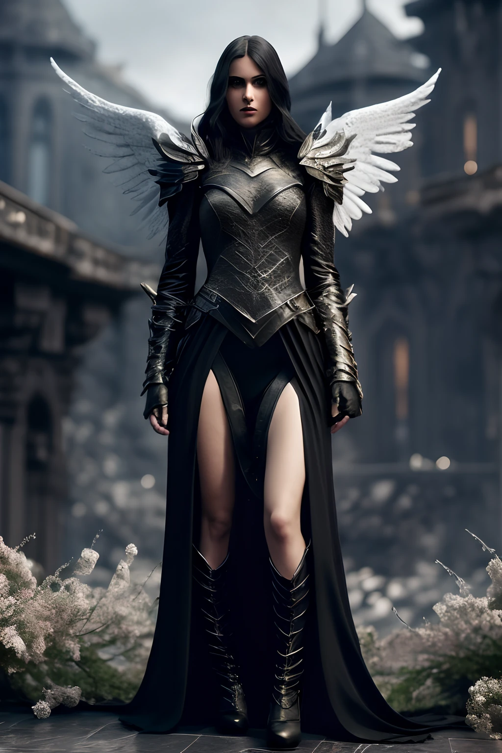 a woman in a black costume with wings standing in front of a building, angel knight gothic girl, angel knight girl, villainess has black angel wings, as a mystical valkyrie, unreal engine render + a goddess, angel in plastic armor, tall female angel, 3 d render character art 8 k, beautiful female knight, very stylish fantasy armor, elegant cinematic fantasy art