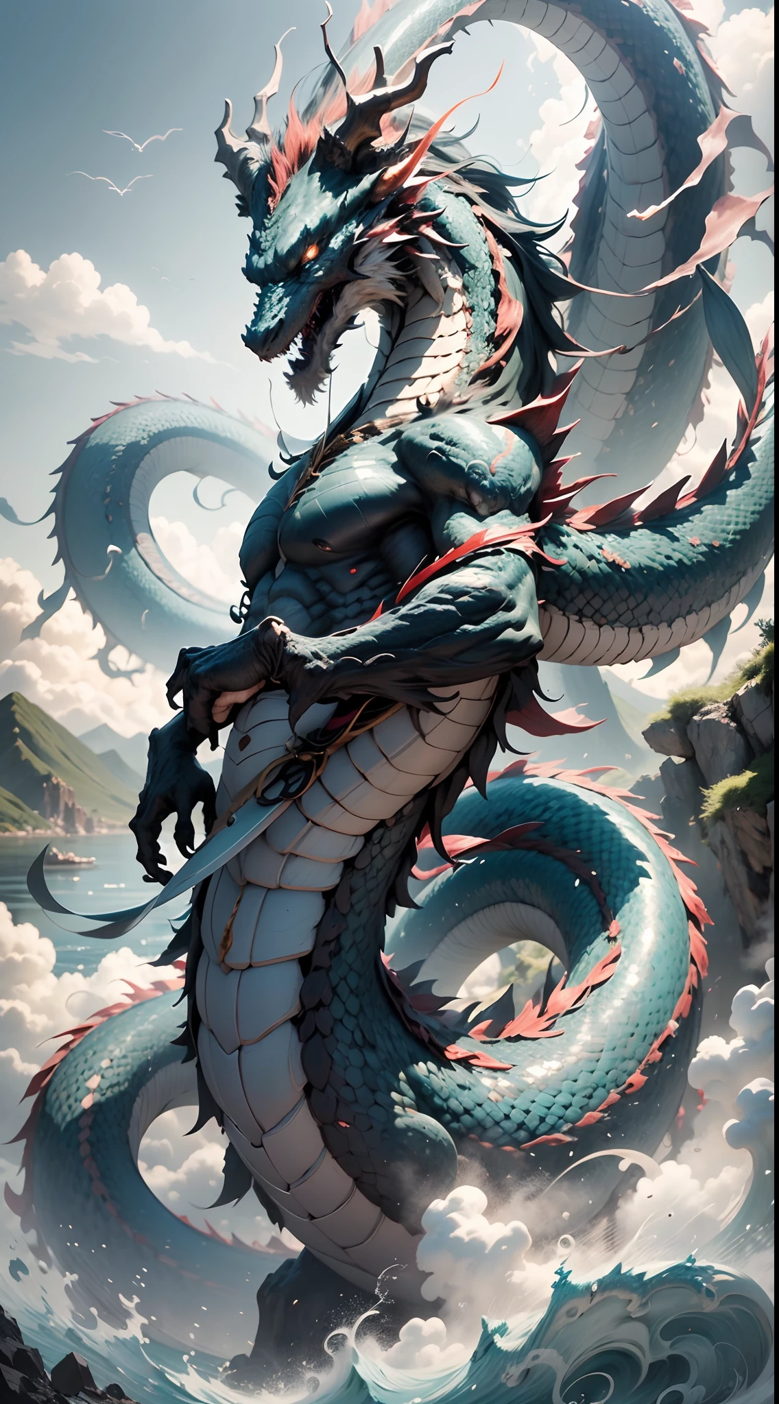 A dragon that devours the sun and moon like a mountain，The figure is visible in the clouds，The black water is turbulent，（The waves are skyrocketing），Senzan Island，（Get an up-close view of pavilions and mountains），（（surrounded by cloud）），tosen，Fierce，（（Chinese mythology）），high qulity，super-fine，Detailed pubic hair，Accurate，（tmasterpiece），Works of masters，（16K resolution），电影灯光，Dynamic viewing angle 117/2000