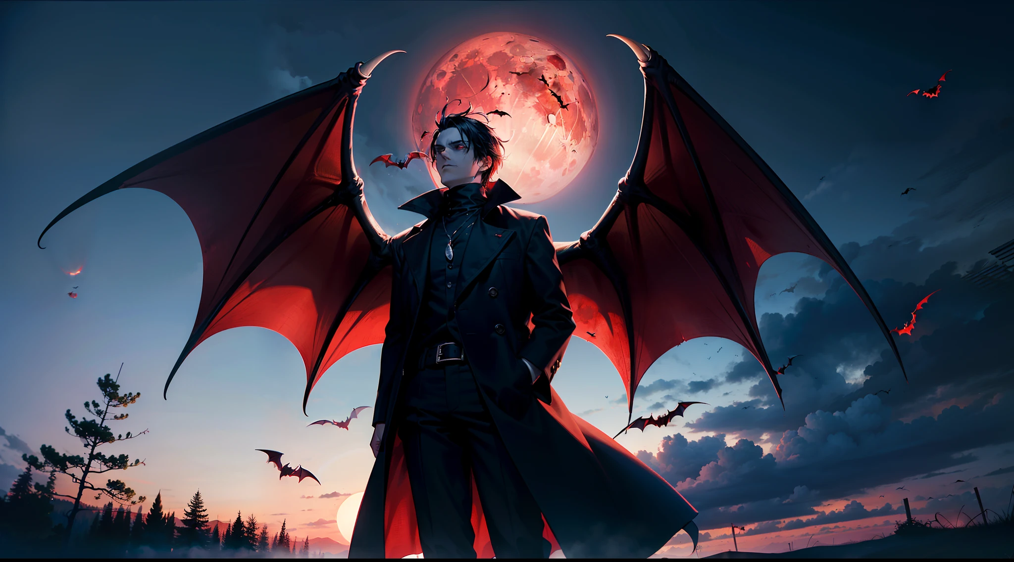 ((1 Huge Red Moon 1.5)),Bats flew from the front of the moon,Pitch Black Forest,A scarlet mist pervaded,(Vampires spread their wings in the air and fly high 1.4)