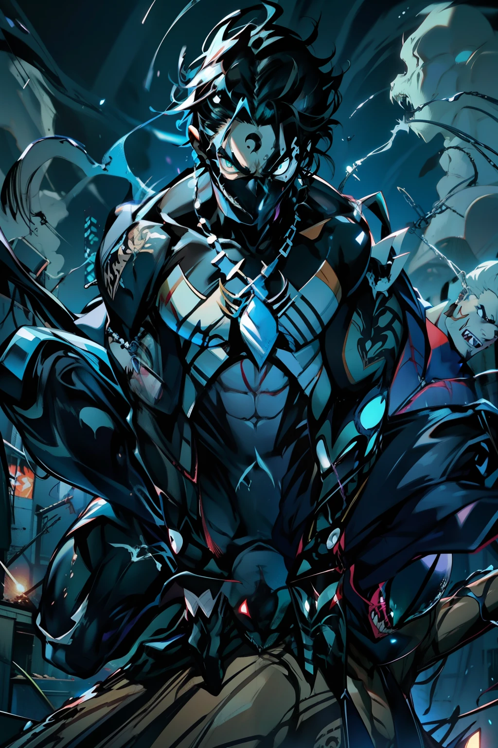 《the original god》Arataki Kazuto , male people, chest muscle, Sexy , Venom symbiote for your body, Black mucus of the body , into venom, venomize,Black bodysuit,(Cloak),Red cape,Abs,(Adult male)((Venom possession,venom symbiote)),over-Tortoise Man,Battle damage,((Masterpiece)), ((Best quality)), Ultra detailed,((illustration)), Dynamic Angle, Detailed light, (Delicate eyes), Floating, 1boy, Male focus, Head, Clothing, Yellow eyes, necklace, tattoo, (Forehead:0.8), (ahoge:0.8), jewelry, brunette color hair,apathy,Ray, chest muscle, Sexy , Venom symbiote for your body, Black mucus of the body , (into venom), Venom,frontage,Bust photo,White tight-fitting top,spiderman outfit,style of anime4 K, 4K anime wallpaper, Badass anime 8 K, 4 k comic wallpaper, young anime man, Anime boys, Anime wallpapers 4 k, Anime wallpaper 4K, High quality anime art style, Anime moe art style, Anime art wallpaper 8 K, Anime art wallpaper 4 K, RGB lighting,