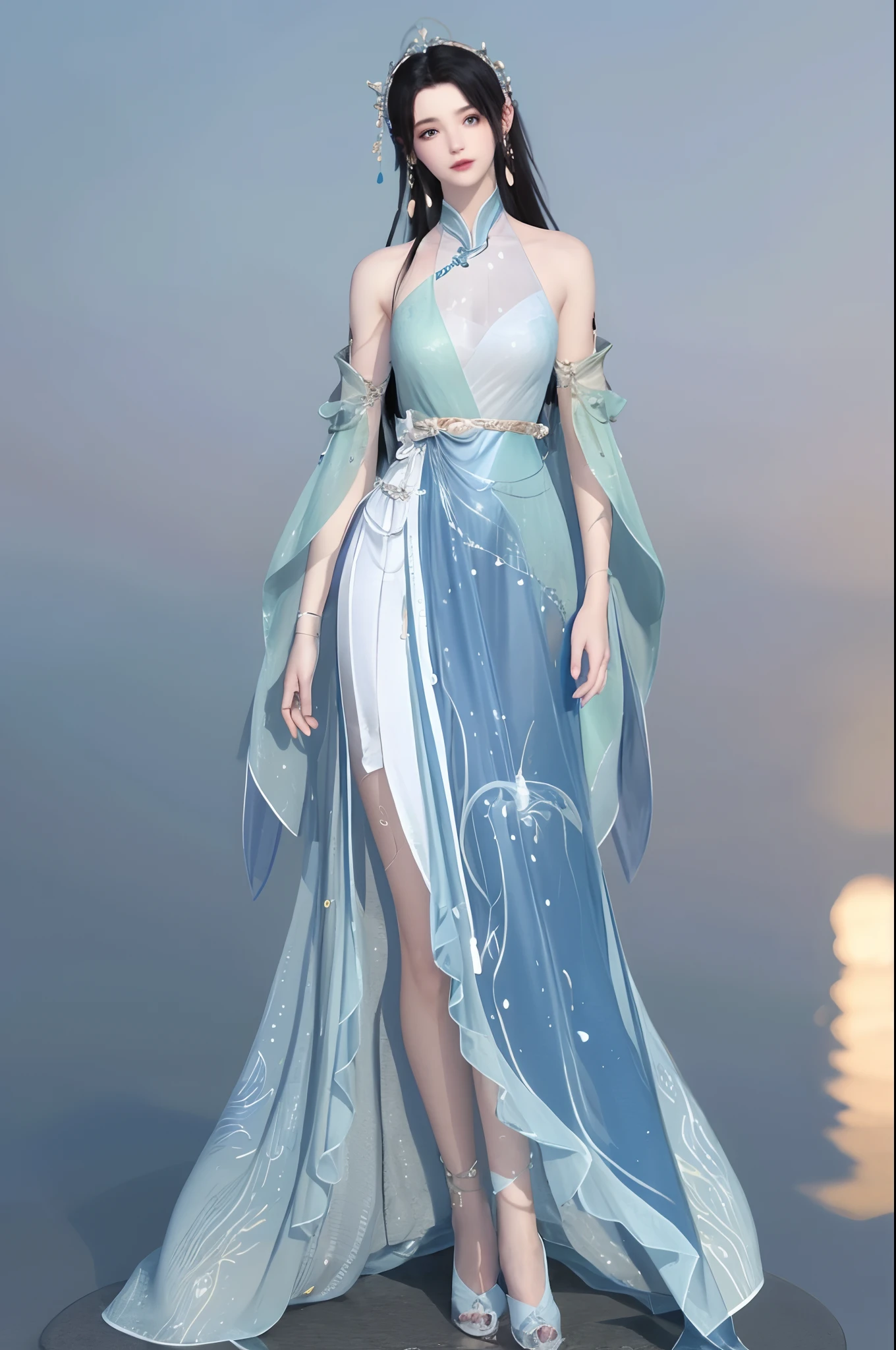 （best qualtiy，tmasterpiece：1.2），超高分辨率，realisticlying，Front lighting，Complicated details，Exquisitedetailsandtextures，（1girll），独奏，The upper part of the body，Blue Hanfu，Petal pattern，Nice big eyes，a blue dress，beauitful face，facing to audience，Streamers，gossamer，（年轻），Facial highlights，Detal Face，tear-mole，white skinned，Silvery hair，High ponytail，looking at viewert，largeeyes，（Openwork pattern），耳Nipple Ring，slimfigure，white backgrounid，correct hand，profesional lighting，photon maping，Radio City，physically-based renderingt