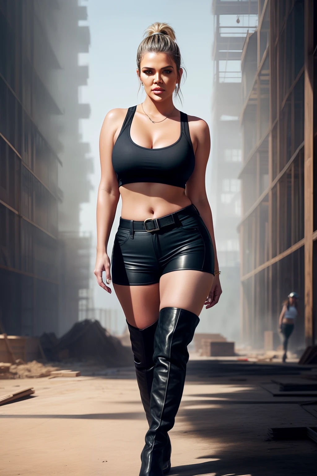 Khloé Kardashian as construction lady, black hot pants shorts, knee high boots, tank top, massive cleavage, posing in construction site, bright sunny day, navel out, breasts visible show, 90% breasts popping out, hourglass figure, massive breasts, nipple slip, fit, seductive face, look at camera and laugh, wet ponytail hair, erotic adult face, 40 yo, soft volumetric lights, intricate details, (ArtStation:1.2)