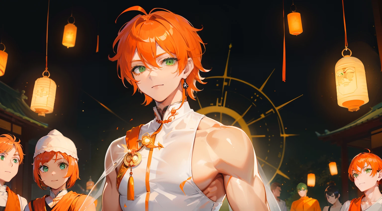 Smile,(((Guy))), (((man))), (((Man's))),(((masutepiece))), (((Beautiful lighting))),(((muscular))),(((man))),(((40 years),(((Green eyes))),(((Orange hair))), Male face,male eyebrows, Male Eyes, Eyelashes, Medium Hair,Beautiful face, v shaped_eyebrow,White skin,Transparent wings,Chinese_Clothes,(((Black clothes,)))garters_lanyard, See-through,The light of the Buddha shines, holy,
