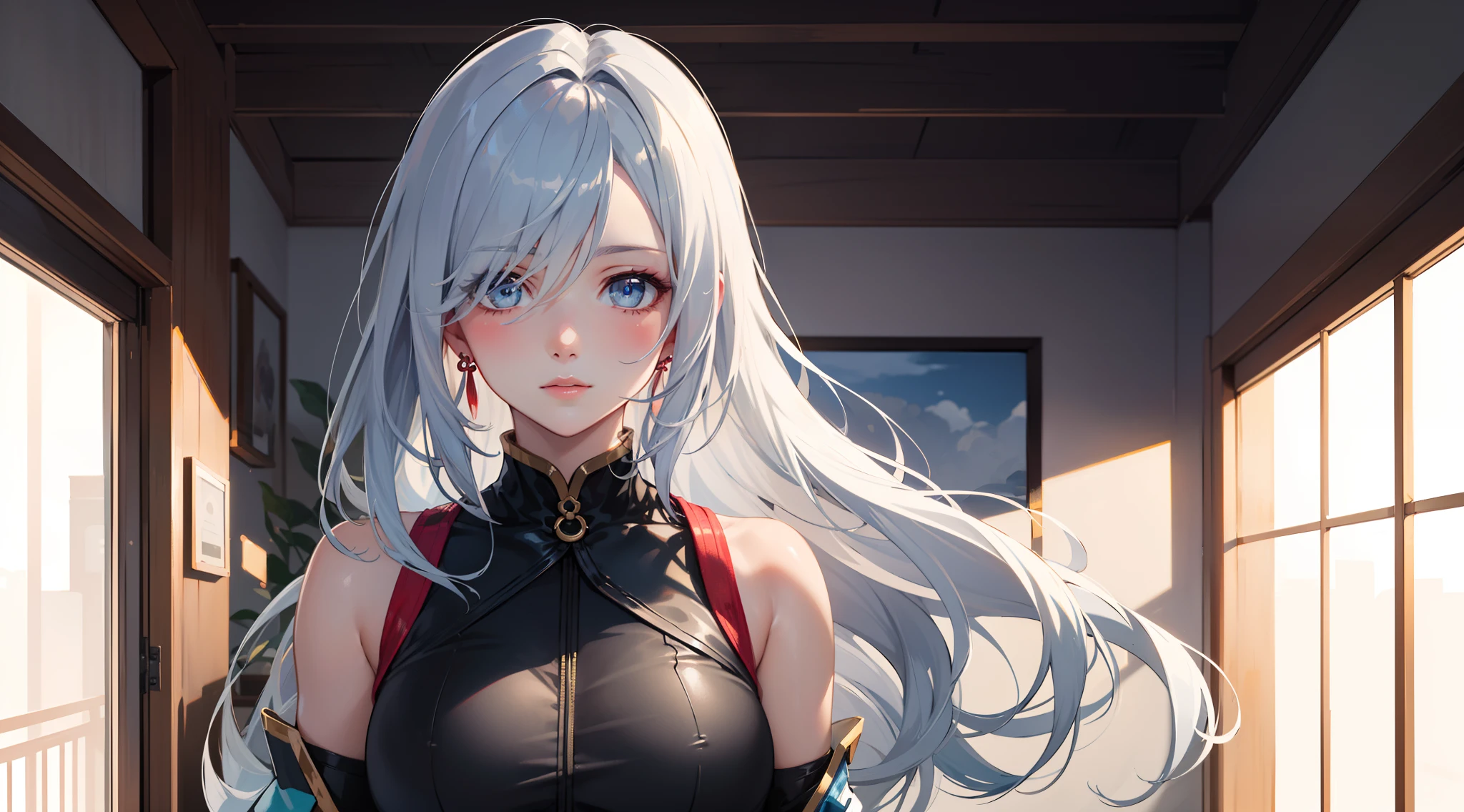 electrician girl, electrician suit, upper body, seductive look, blush, indoors, in office, looking at viewer, cloudy, moody lighting, (perfect detail eyes:1.2), glowing eyes, (long hair:1.2), elemental skill effect, (Masterpiece, Best Quality, High Quality:1.4), professional artwork, Intricate Details, field of view, sharp focus, detailed painting, photorealistic lighting, trending on pixiv, (vivid lighting, vibrant colors:1.05), realistic shadows, ambient occlusion, (athletic body:1.3), mature woman, 30yo, shenhe, hyperdetail eyes, beautiful eyes, (((solo:1.4))), semi-realistic hair