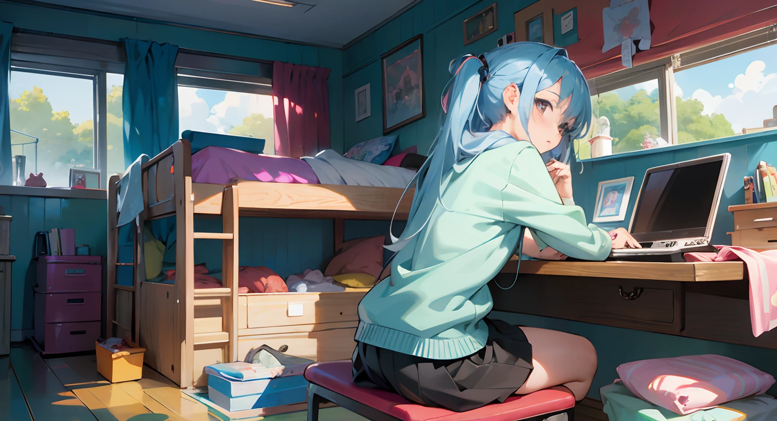 Anime girl sitting on stool in front of desk with laptop, anime style 4 k, Anime art wallpaper 8k, anime art wallpaper 4k, anime art wallpaper 4k, anime wallpaper 4 k, anime wallpaper 4k, anime moe art style, Trending on ArtStation pixiv, 4k anime wallpaper, painted in anime painter studio, Smooth Anime CG Art