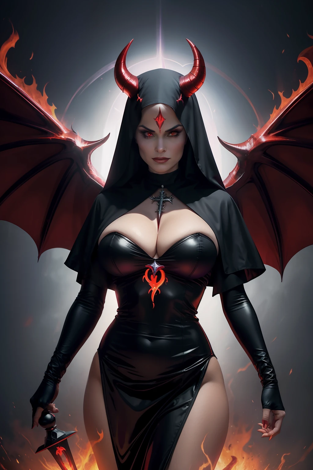 Lisa Ann the evil nun, Demon horn, Demon wings on the head , an evil red glow emanating from her, his hands preparing a purple ball of fire, diabolique, insidieux, Context of the Satanic Church