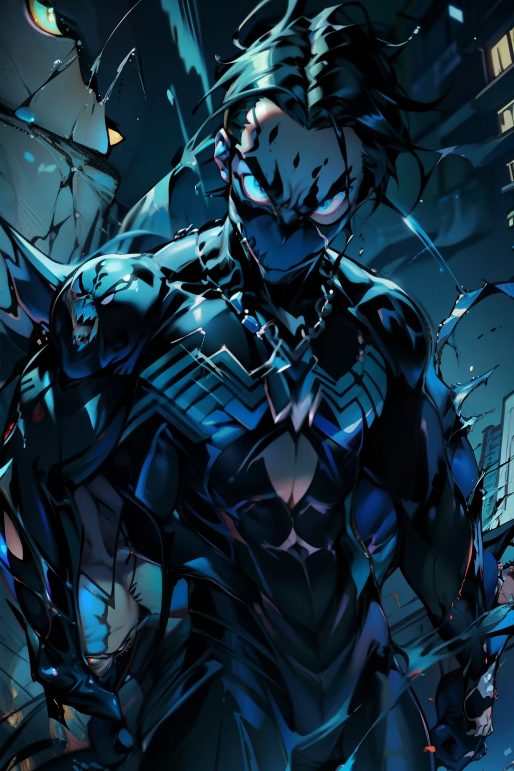 《the original god》Arataki Kazuto , male people, chest muscle, Sexy , Venom symbiote for your body, Black mucus of the body , into venom, venomize,Black bodysuit,(Cloak),Red cape,Abs,(Adult male)((Venom possession,venom symbiote)),over-Tortoise Man,Battle damage,((Masterpiece)), ((Best quality)), Ultra detailed,((illustration)), Dynamic Angle, Detailed light, (Delicate eyes), Floating, 1boy, Male focus, Head, Clothing, Yellow eyes, necklace, tattoo, (Forehead:0.8), (ahoge:0.8), jewelry, brunette color hair,apathy,Ray, chest muscle, Sexy , Venom symbiote for your body, Black mucus of the body , (into venom), Venom,frontage,Bust photo,White tight-fitting top,spiderman outfit,style of anime4 K, 4K anime wallpaper, Badass anime 8 K, 4 k comic wallpaper, young anime man, Anime boys, Anime wallpapers 4 k, Anime wallpaper 4K, High quality anime art style, Anime moe art style, Anime art wallpaper 8 K, Anime art wallpaper 4 K, RGB lighting,