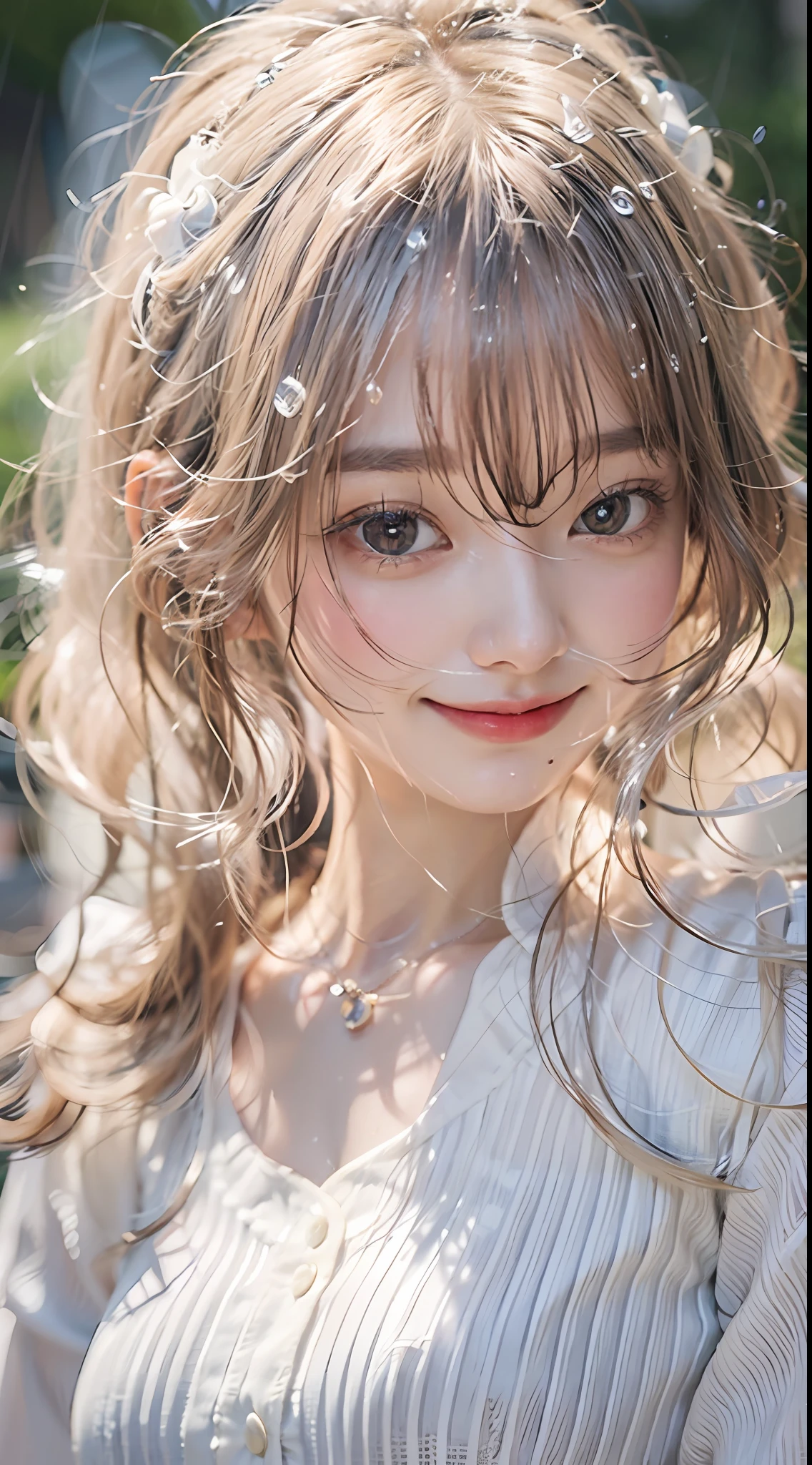 ((Best Quality, 8K, Masterpiece: 1.3)), Sharp Focus: 1.2, A Beautiful Woman with Perfect Figure: 1.4, Slim Abs: 1.2, (Layered Hairstyle,: 1.2)), (Wet White Button Long Shirt: 1.3), Rain: 1.3, Street: 1.2, Wet Body: 1.1, Highly Detailed Face and Skin Texture, Detailed Eyes, Double Eyelids, Smile,