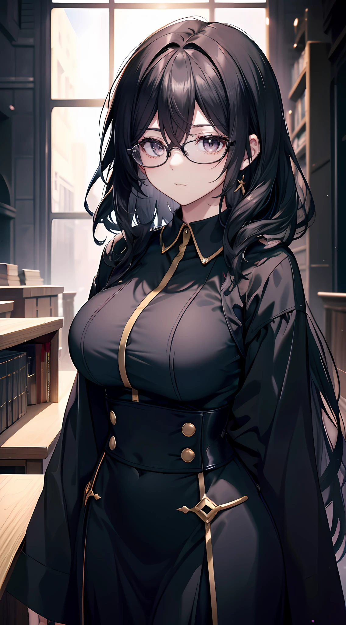 wearing black rimmed glasses，The eyes are slender，No highlights