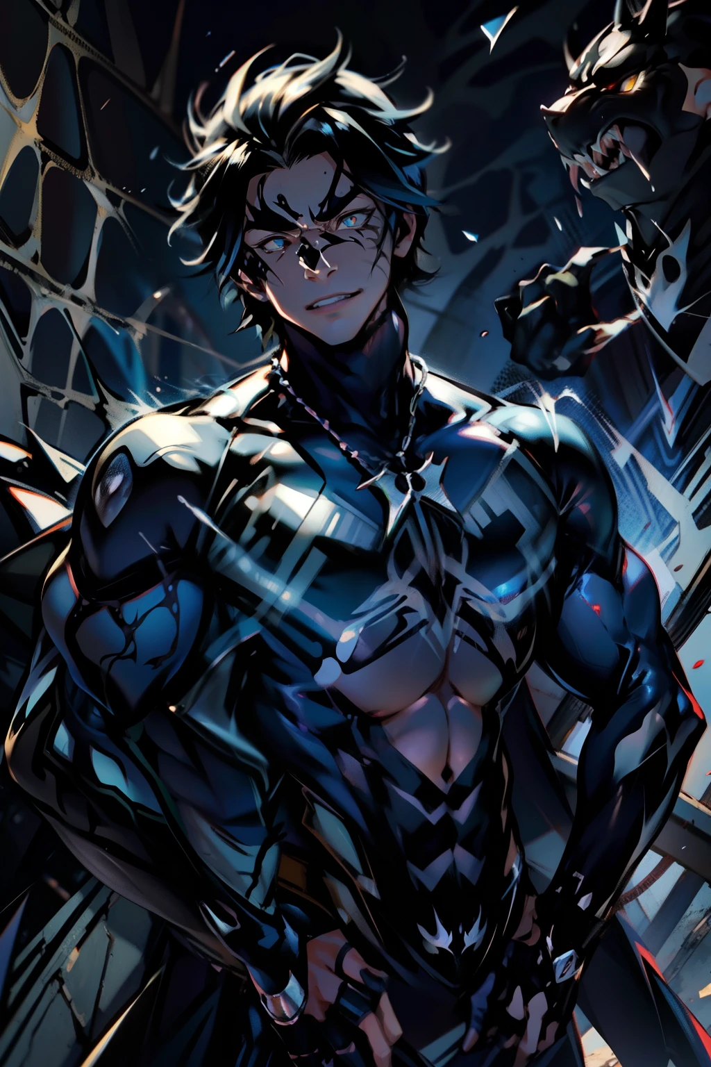 《the original god》Arataki Kazuto , male people, chest muscle, Sexy , Venom symbiote for your body, Black mucus of the body , into venom, venomize,Black bodysuit,(Cloak),Red cape,Abs,(Adult male)((Venom possession,venom symbiote)),over-Tortoise Man,Battle damage,((Masterpiece)), ((Best quality)), Ultra detailed,((illustration)), Dynamic Angle, Detailed light, (Delicate eyes), Floating, 1boy, Male focus, Head, Clothing, Yellow eyes, necklace, tattoo, (Forehead:0.8), (ahoge:0.8), jewelry, brunette color hair,apathy,Ray, chest muscle, Sexy , Venom symbiote for your body, Black mucus of the body , (into venom), Venom,frontage,Bust photo,White tight-fitting top,spiderman outfit,style of anime4 K, 4K anime wallpaper, Badass anime 8 K, 4 k comic wallpaper, young anime man, Anime boys, Anime wallpapers 4 k, Anime wallpaper 4K, High quality anime art style, Anime moe art style, Anime art wallpaper 8 K, Anime art wallpaper 4 K, RGB lighting,