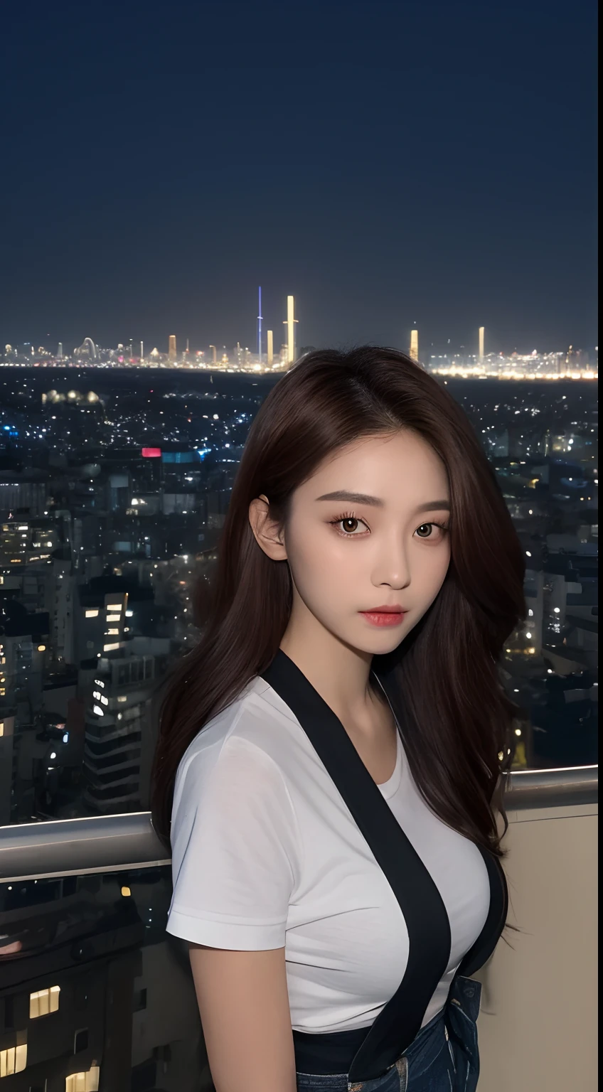 ((Midnight, Best quality, 8k, Masterpiece :1.3)), Whole body, Long legs, Sharp focus :1.2, A pretty woman with perfect figure :1.4, Slender abs :1.1, ((Dark brown hair, Big breasts :1.2)), (White tight tshirt, Jean bib, Standing:1.2), ((Night city view, Rooftop:1.3)), Highly detailed face and skin texture, Detailed eyes, Double eyelid