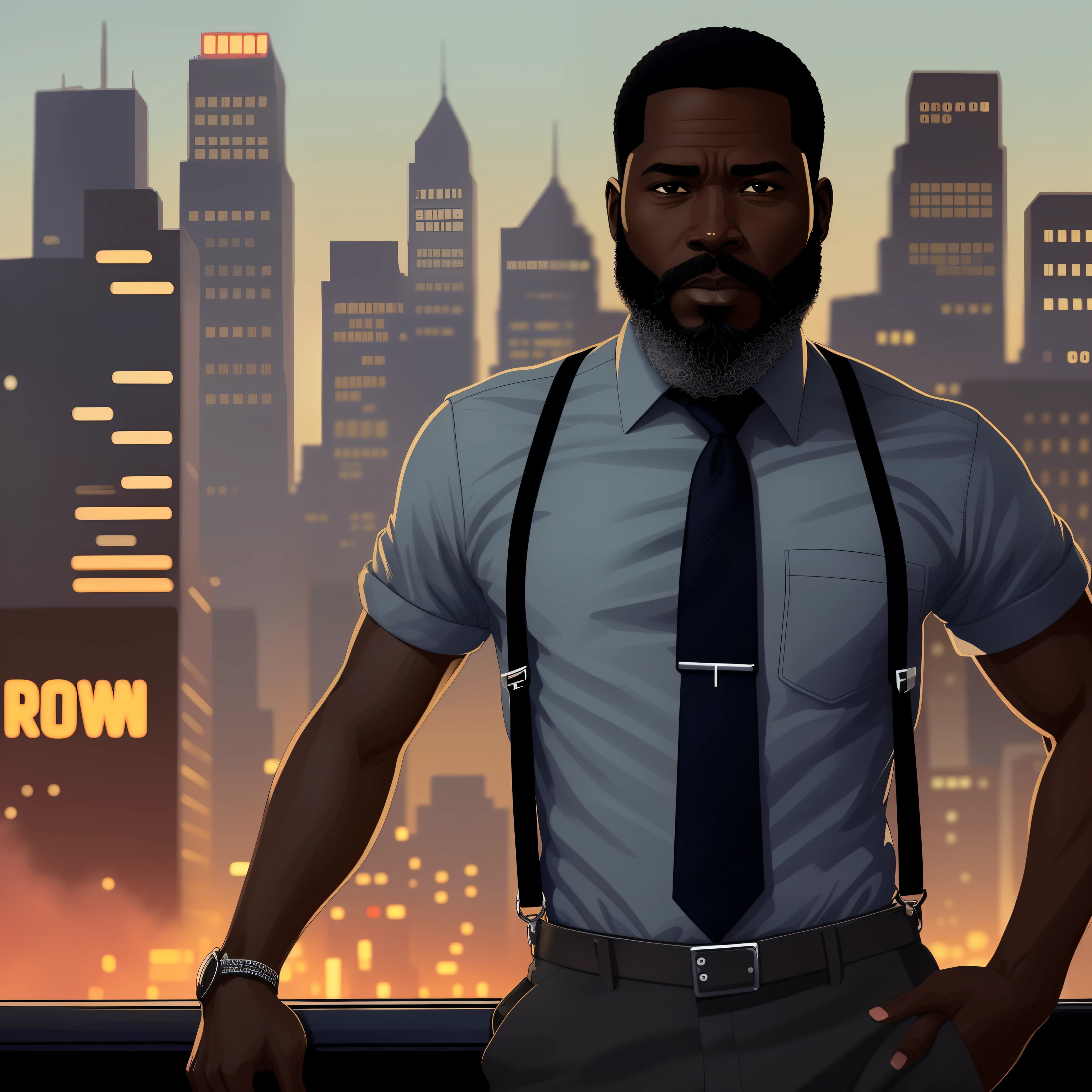 illustration of a black man, 45 y.o, slim body, wearing button shirt and suspenders, wearing tie, short haircut, (grizzle beard), detective from the 70s, 1970, noir city in the background, by geof darrow, dramatic lights, 8k, detailed, intricate, realistic, trending on artstation