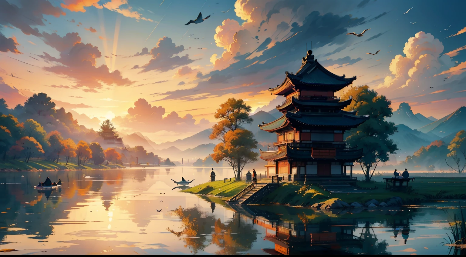 Embroidery,Leaning over,Yamabara has a clear view,Kawasawa was shocked。Lu Yan flew to the ground,Bell Ringing Food House;Shipult Yazu,Green Sparrow Yellow Dragon Jia no Jia。The clouds are raining,Cai Che District Ming。The sunset and the solitary crane fly together,The autumn water is the same for a long time。Fishing boats sing late,Sound the shore of the poor Pengli;The geese were chilled,Sound cut off Hengyang no Pu。(Sunset landscape painting),((The vista is a huge sunset over the skyline)),(Connected to the lake),((Flying birds)),((Several ships)),Autumn tones,(an Chinese ink painting style),(Masterpiece),(Extremely detailed picture description),(8k wallpaper),(Master painting),(Noticeable light and shadow effects),(Ray traching),(Obvious layers),(depth of fields),(best qualityer),Ray