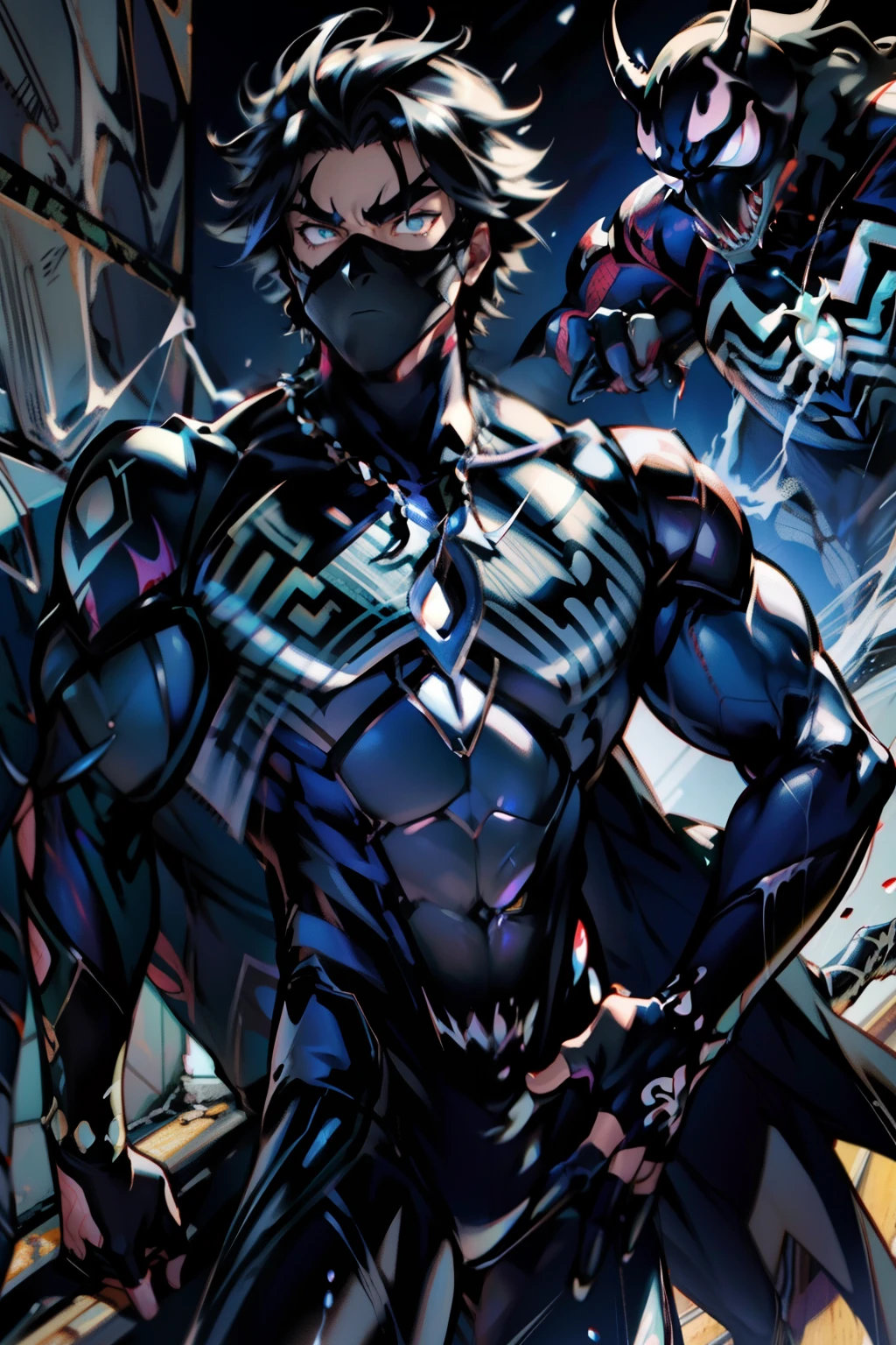 《the original god》Arataki Kazuto , male people， chest muscle， Sexy , Venom symbiote for your body, Black mucus of the body , into venom, venomize，Black bodysuit，（Cloak），Red cape，Abs，（Adult male）（（Venom possession，venom symbiote）），over-Tortoise Man，Battle damage，((Masterpiece)), ((Best quality)), Ultra detailed,((illustration)), Dynamic Angle, Detailed light, (Delicate eyes), Floating, 1boy, Male focus, Head, Clothing, Yellow eyes, necklace, tattoo, (Forehead:0.8), (ahoge:0.8), jewelry, brunette color hair,apathy，Ray， chest muscle， Sexy , Venom symbiote for your body, Black mucus of the body , （into venom）, Venom，frontage，Bust photo，White tight-fitting top，spiderman outfit，style of anime4 K， 4K anime wallpaper， Badass anime 8 K， 4 k comic wallpaper， young anime man， Anime boys， Anime wallpapers 4 k， Anime wallpaper 4K， High quality anime art style， Anime moe art style， Anime art wallpaper 8 K， Anime art wallpaper 4 K， RGB lighting，