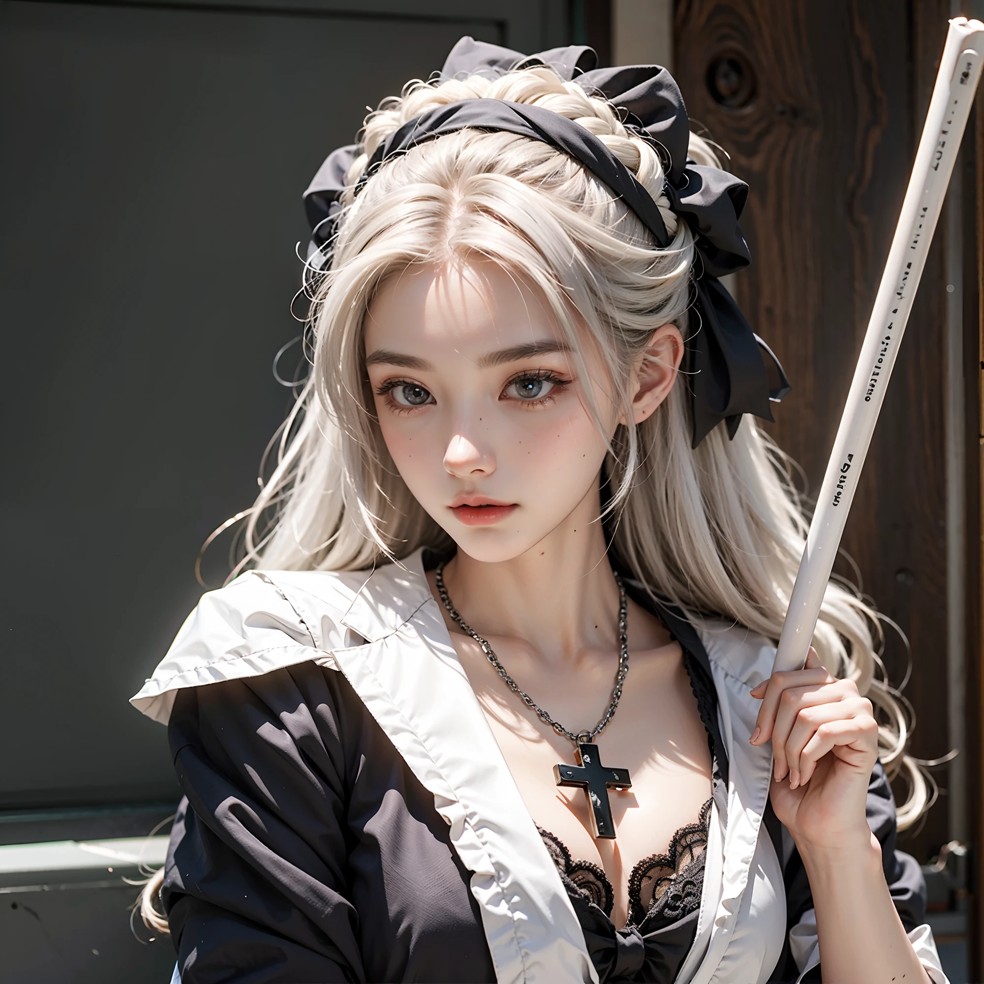 Has white hair,A woman with a cross on her head, long white hair, Anime cosplay, cosplay of a catboy! maid! dress, with long white hair, Anime girl cosplay, white haired Cangcang, Guviz, White-haired, White-haired god, cosplay, Loli, lollipop, Lolita style, intense white hair, Perfect white haired girl