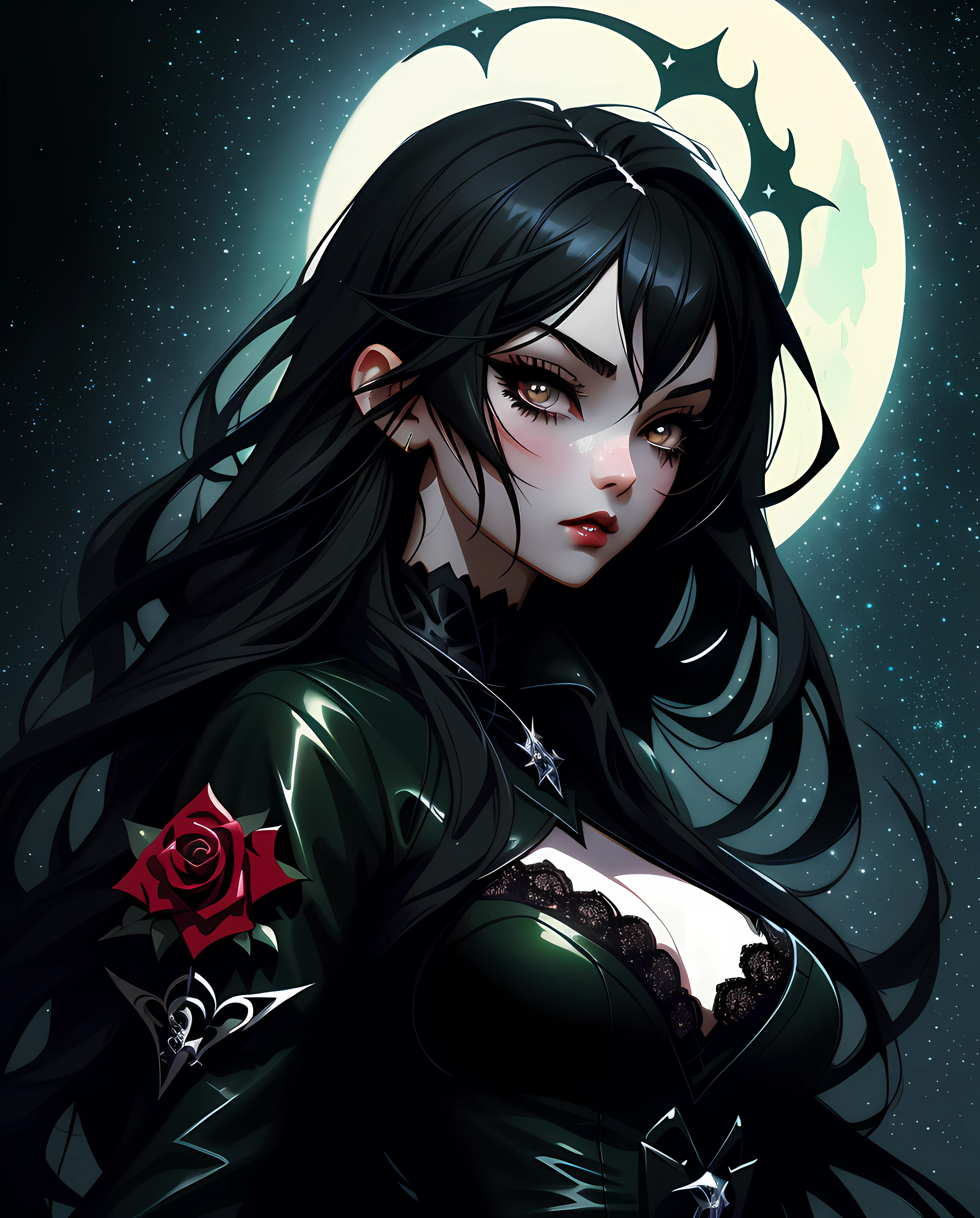 sticker, anime Vampire girl, long black hair, gothic style, roses in hair,dark black eyelashes ,green irises, big breasts, black lace catsuit, digital illustration, comic style, gothic renaissance, perfect anatomy, centered, approaching perfection, dynamic, highly detailed, watercolor painting, artstation, concept art, smooth, sharp focus, illustration, art by wlop and ross tran ,glitter