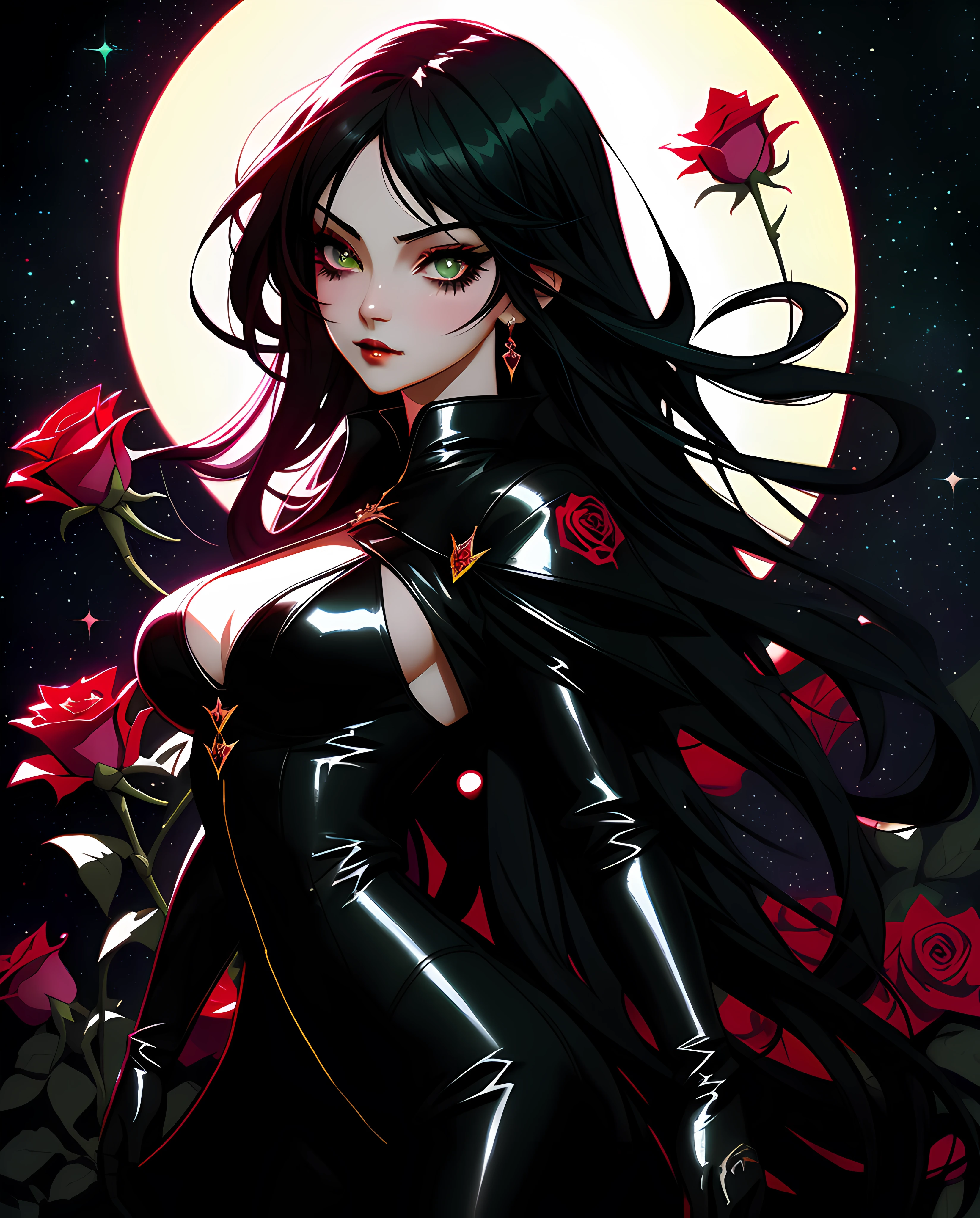 sticker, anime  Vampire girl, long black hair, gothic style, roses in hair,dark black eyelashes ,green irises, big breasts, black lace catsuit, digital illustration, comic style, gothic renaissance, perfect anatomy, centered, approaching perfection, dynamic, highly detailed, watercolor painting, artstation, concept art, smooth, sharp focus, illustration, art by wlop and ross tran ,glitter