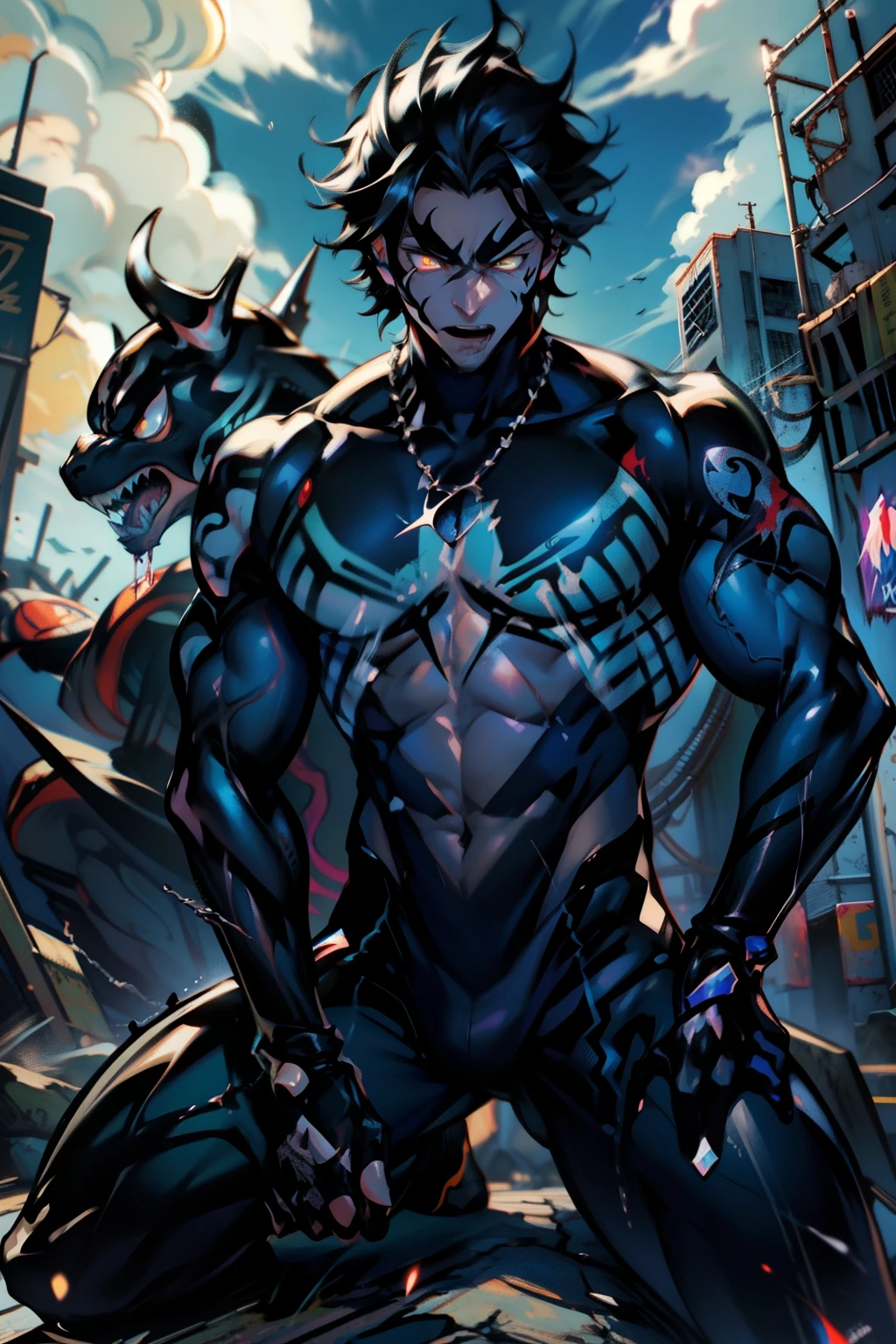《the original god》Arataki Kazuto , male people, chest muscle, Sexy , Venom symbiote for your body, Black mucus of the body , into venom, venomize,Black bodysuit,(Cloak),Red cape,Abs,(Adult male)((Venom possession,venom symbiote)),over-Tortoise Man,Battle damage,((Masterpiece)), ((Best quality)), Ultra detailed,((illustration)), Dynamic Angle, Detailed light, (Delicate eyes), Floating, 1boy, Male focus, Head, Clothing, Yellow eyes, necklace, tattoo, (Forehead:0.8), (ahoge:0.8), jewelry, brunette color hair,apathy,Ray, chest muscle, Sexy , Venom symbiote for your body, Black mucus of the body , (into venom), Venom,frontage,Bust photo,White tight-fitting top,spiderman outfit,style of anime4 K, 4K anime wallpaper, Badass anime 8 K, 4 k comic wallpaper, young anime man, Anime boys, Anime wallpapers 4 k, Anime wallpaper 4K, High quality anime art style, Anime moe art style, Anime art wallpaper 8 K, Anime art wallpaper 4 K, RGB lighting,