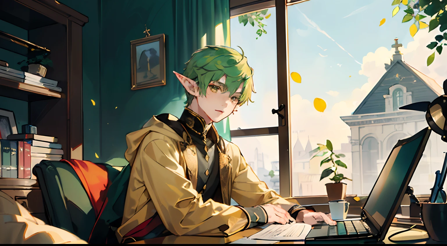 (AS-Young:1.7), (1boy:1.8), (male focus:1.2), (cute:1.7) solo, solo focus, masterpiece, ((exquisite_detail)), illustration, (handsome), extremely_detailed_CG, green hair, gold eyes, golden robe, merchant, leaf, sitting in front of a stationary computer, looking at the viewer, turned around, cute boy with elf ears