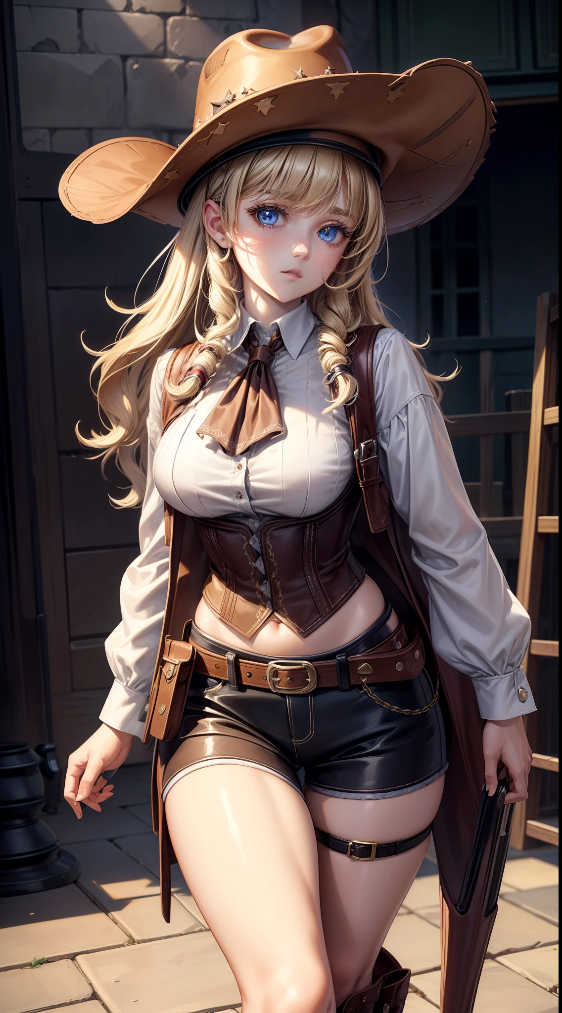 masterpiece, 8, 1girl, cowgirl outfit, holster, holstered colts, masterpiece, best quality, highly detailed, very large breasts, thicc, small waiste, (pale skin:1.2), blonde long curley hair, blue eyes, dark clothes, brown hat, detailed background, highest detailed, cinematic lighting, dynamic, portrait, saloon, full body shot, low angle