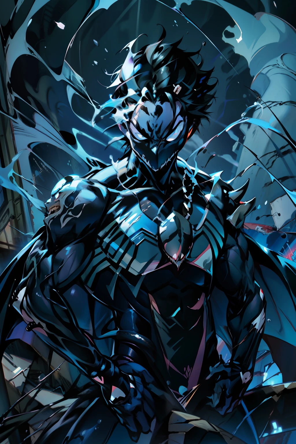 《the original god》Arataki Kazuto , male people, chest muscle, Sexy , Venom symbiote for your body, Black mucus of the body , into venom, venomize,Black bodysuit,(Cloak),Red cape,Abs,(Adult male)((Venom possession,venom symbiote)),over-Tortoise Man,Battle damage,((Masterpiece)), ((Best quality)), Ultra detailed,((illustration)), Dynamic Angle, Detailed light, (Delicate eyes), Floating, 1boy, Male focus, Head, Clothing, Yellow eyes, necklace, tattoo, (Forehead:0.8), (ahoge:0.8), jewelry, brunette color hair,apathy,Ray, chest muscle, Sexy , Venom symbiote for your body, Black mucus of the body , (into venom), Venom,frontage,Bust photo,White tight-fitting top,spiderman outfit,style of anime4 K, 4K anime wallpaper, Badass anime 8 K, 4 k comic wallpaper, young anime man, Anime boys, Anime wallpapers 4 k, Anime wallpaper 4K, High quality anime art style, Anime moe art style, Anime art wallpaper 8 K, Anime art wallpaper 4 K, RGB lighting,