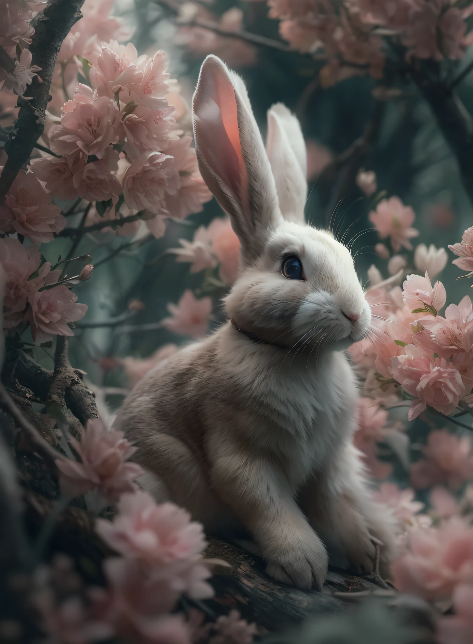 Photo of one rabbit、the woods、Haze、Halation、florals、Dramatic atmosphere、central、thirds rule、200mm 1.4F Macro Shot、(natural skin textures、Hyper-Realism、Soft light、sharp:1.2)、(intricate-detail:1.12)、nffsw、(intricate-detail、ultra-detailliert:1.15)、Art by Greg Rutkowski and ArtGerm、Soft Cinematic Lights、adobe lightroom、Photolab、nffsw、Convoluted、ighly detailed、(depth of fields:1.4)