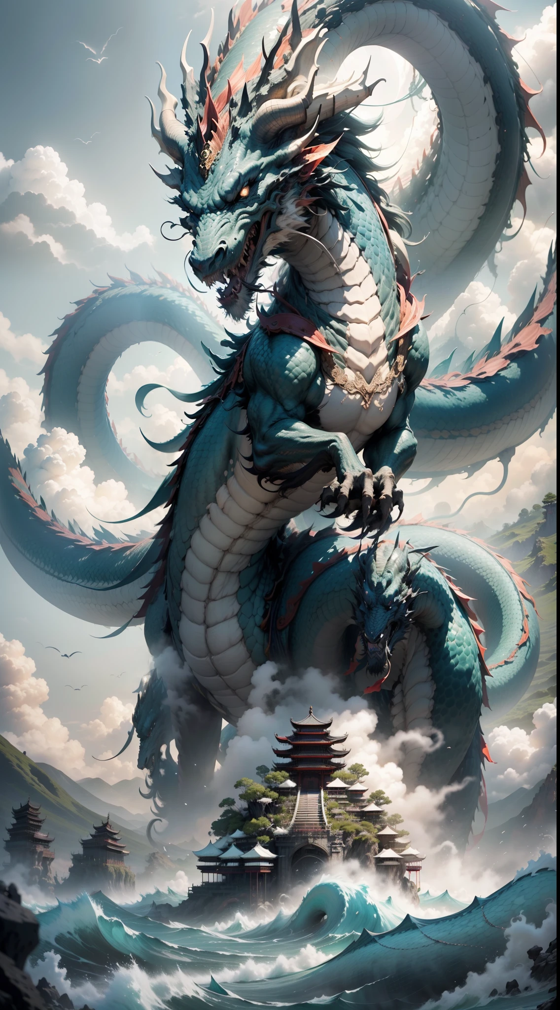 A giant dragon that devours the sun and moon like a mountain，The figure is visible in the clouds，The black water is turbulent，（The waves are skyrocketing），Senzan Island，（Pavilions in mid-empty clouds），（（surrounded by cloud）），tosen，Fierce，（（Chinese mythology）），high qulity，super-fine，Detailed pubic hair，Accurate，（tmasterpiece），Works of masters，（16K resolution），电影灯光，Dynamic viewing angle 117/2000