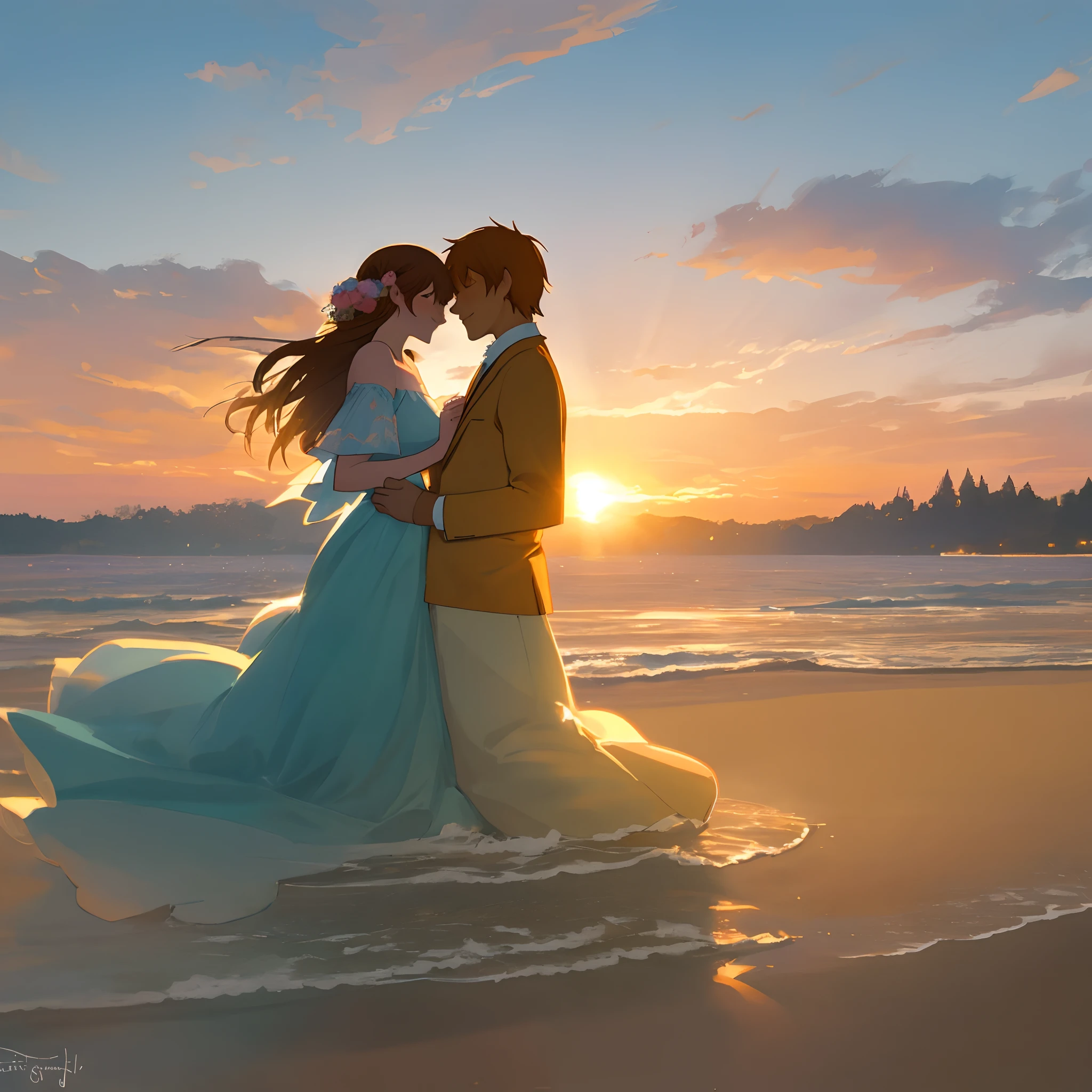 A beautiful couple embracing, in a wonderful place at sunrise.