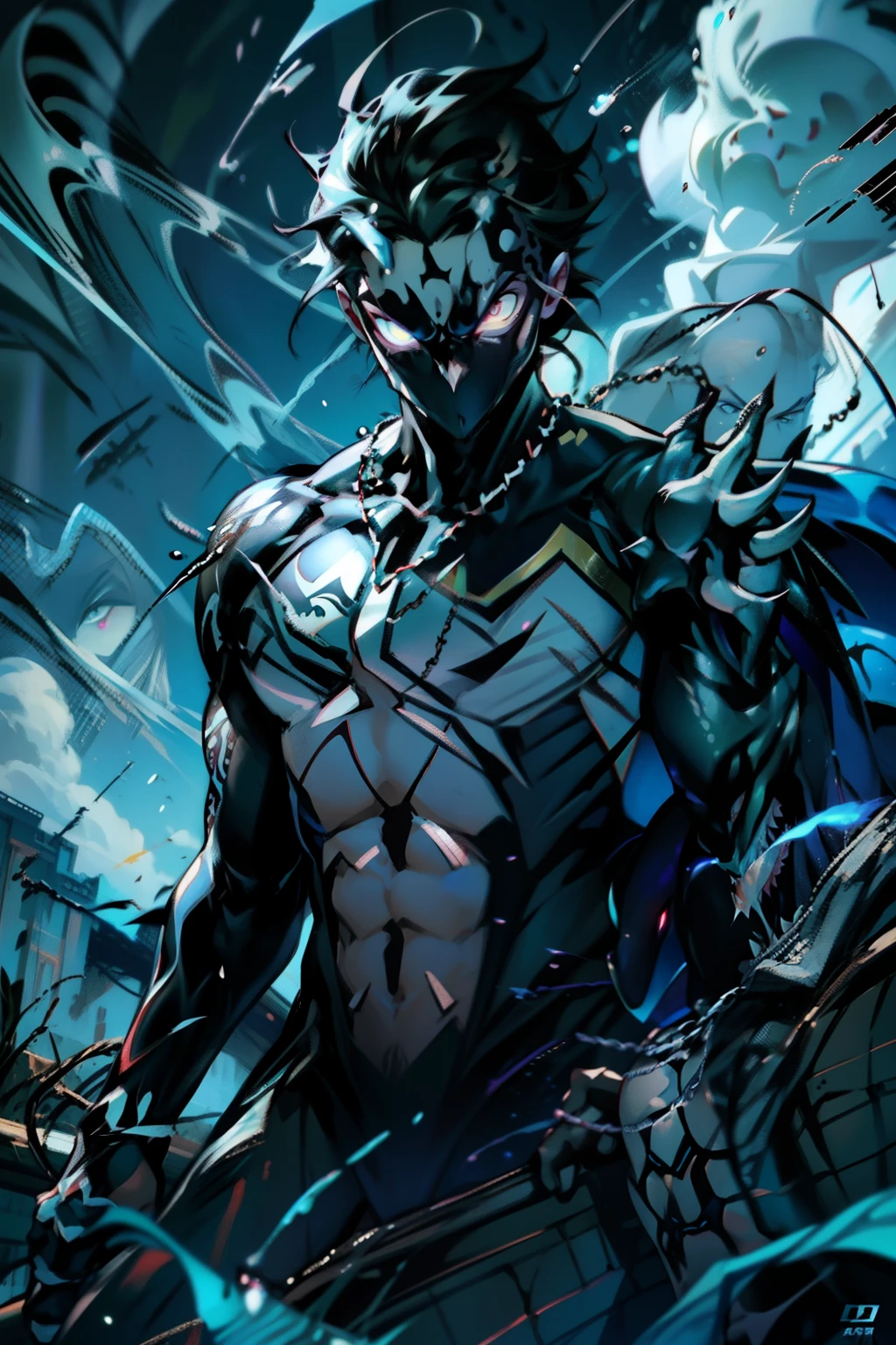 《the original god》Arataki Kazuto , male people, chest muscle, Sexy , Venom symbiote for your body, Black mucus of the body , into venom, venomize,Black bodysuit,(Cloak),Red cape,Abs,(Adult male)((Venom possession,venom symbiote)),over-Tortoise Man,Battle damage,((Masterpiece)), ((Best quality)), Ultra detailed,((illustration)), Dynamic Angle, Detailed light, (Delicate eyes), Floating, 1boy, Male focus, Head, Clothing, Yellow eyes, necklace, tattoo, (Forehead:0.8), (ahoge:0.8), jewelry, brunette color hair,apathy,Ray, chest muscle, Sexy , Venom symbiote for your body, Black mucus of the body , (into venom), Venom,frontage,Bust photo,White tight-fitting top,spiderman outfit,style of anime4 K, 4K anime wallpaper, Badass anime 8 K, 4 k comic wallpaper, young anime man, Anime boys, Anime wallpapers 4 k, Anime wallpaper 4K, High quality anime art style, Anime moe art style, Anime art wallpaper 8 K, Anime art wallpaper 4 K, RGB lighting,