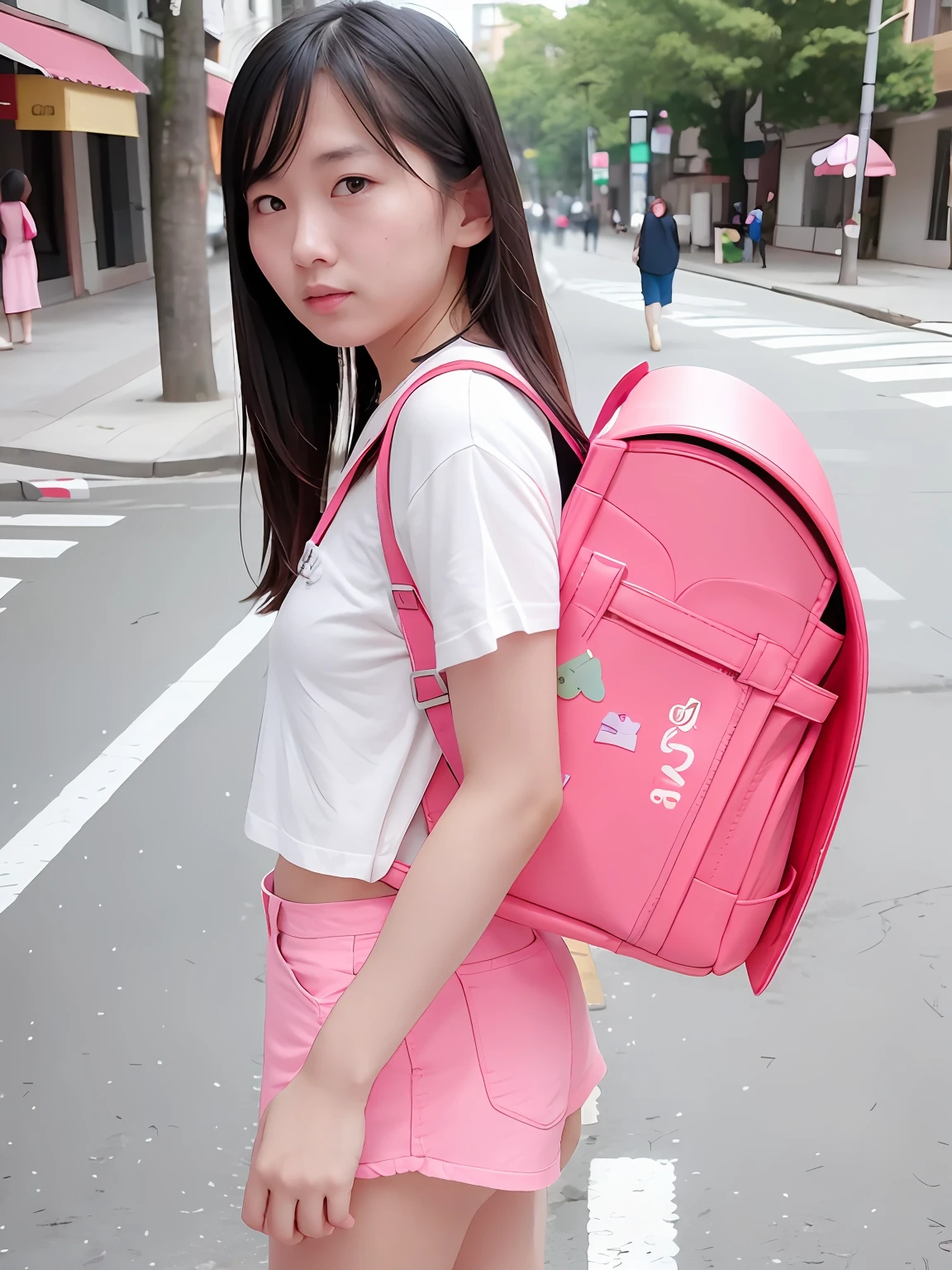 RAW photo, portrait, best quality, high res,
(1 women:1.3), solo, wearing white shirt, wear pink short pants, street background, fullbody, wearing pink randoseru backpack, view from side
