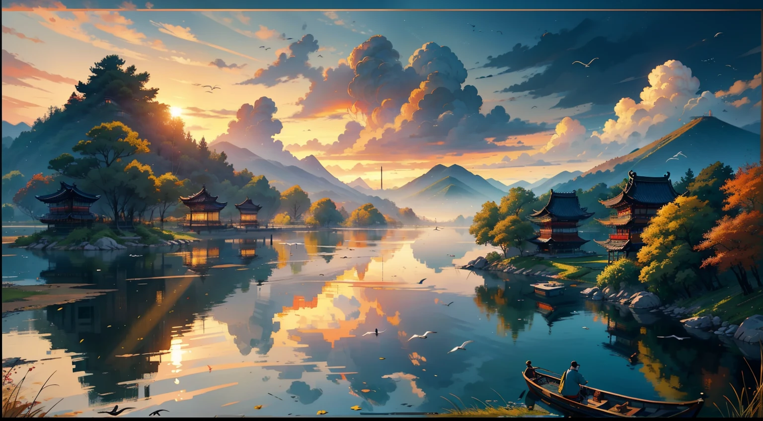 Embroidery，Leaning over，Yamabara has a clear view，Kawasawa was shocked。Lu Yan flew to the ground，Bell Ringing Food House；Shipult Yazu，Green Sparrow Yellow Dragon Jia no Jia。The clouds are raining，Cai Che District Ming。The sunset and the solitary crane fly together，The autumn water is the same for a long time。Fishing boats sing late，Sound the shore of the poor Pengli；The geese were chilled，Sound cut off Hengyang no Pu。(Sunset landscape painting)，((The vista is a huge sunset over the skyline))，(Connected to the lake)，((Flying birds))，((Several ships))，Autumn tones，（an Chinese ink painting style），（Masterpiece），（Extremely detailed picture description），（8k wallpaper），（Master painting），（Noticeable light and shadow effects），（Ray traching），（Obvious layers），（depth of fields），（best qualityer）,Ray
