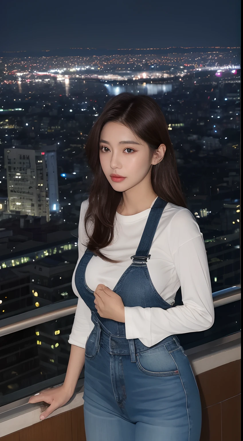 ((Midnight, Best quality, 8k, Masterpiece :1.3)), Whole body, Long legs, Sharp focus :1.2, A pretty woman with perfect figure :1.4, Slender abs :1.1, ((Dark brown hair, Big breasts :1.2)), (White tight tshirt, Jean bib, Standing:1.2), ((Night city view, Rooftop:1.3)), Highly detailed face and skin texture, Detailed eyes, Double eyelid