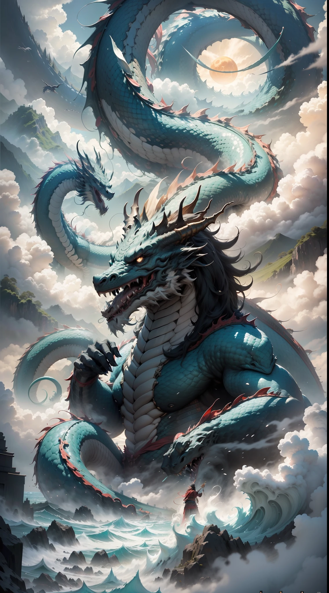 A giant dragon that devours the sun and moon like a mountain，The figure is visible in the clouds，The black water is turbulent，（The waves are skyrocketing），Senzan Island，（The close-up view is a pavilion），（（surrounded by cloud）），tosen，Fierce，（（Chinese mythology）），high qulity，super-fine，Detailed pubic hair，Accurate，（tmasterpiece），Works of masters，（16K resolution），电影灯光，Dynamic viewing angle 117/2000