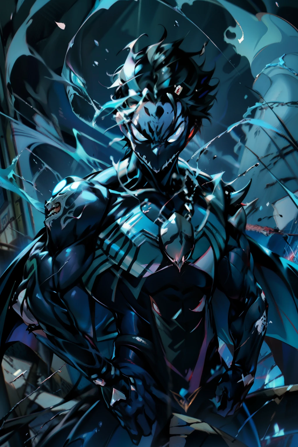 《the original god》Arataki Kazuto , male people， chest muscle， Sexy , Venom symbiote for your body, Black mucus of the body , into venom, venomize，Black bodysuit，（Cloak），Red cape，Abs，（Adult male）（（Venom possession，venom symbiote）），over-Tortoise Man，Battle damage，((Masterpiece)), ((Best quality)), Ultra detailed,((illustration)), Dynamic Angle, Detailed light, (Delicate eyes), Floating, 1boy, Male focus, Head, Clothing, Yellow eyes, necklace, tattoo, (Forehead:0.8), (ahoge:0.8), jewelry, brunette color hair,apathy，Ray， chest muscle， Sexy , Venom symbiote for your body, Black mucus of the body , （into venom）, Venom，frontage，Bust photo，White tight-fitting top，spiderman outfit，style of anime4 K， 4K anime wallpaper， Badass anime 8 K， 4 k comic wallpaper， young anime man， Anime boys， Anime wallpapers 4 k， Anime wallpaper 4K， High quality anime art style， Anime moe art style， Anime art wallpaper 8 K， Anime art wallpaper 4 K， RGB lighting，