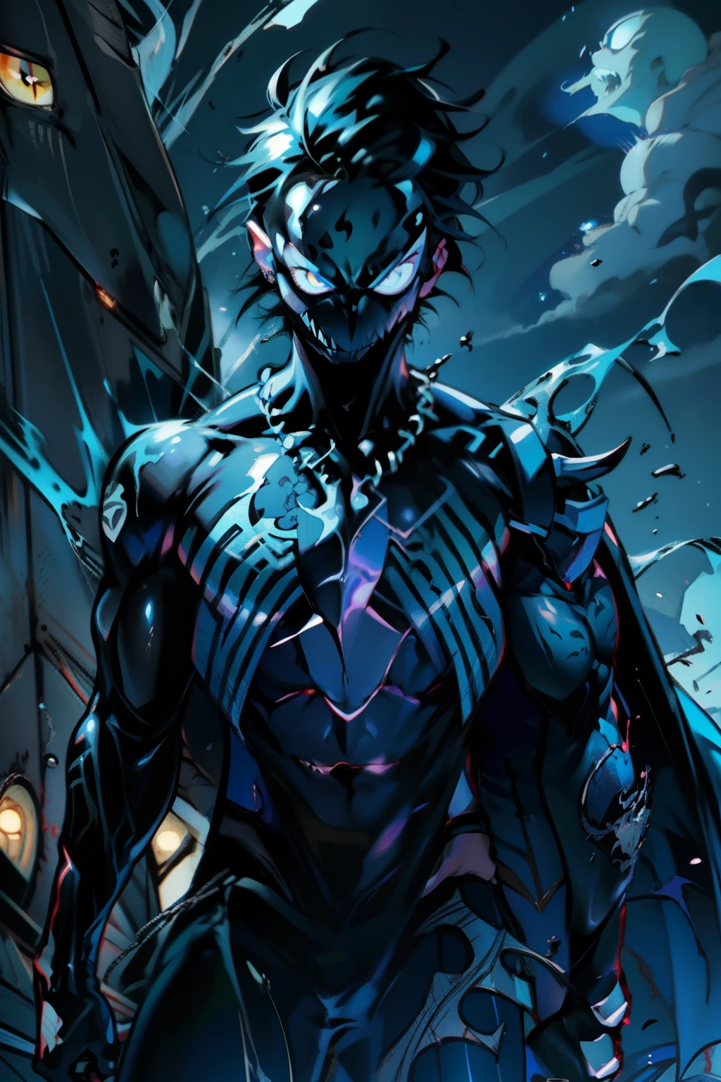 《the original god》Arataki Kazuto , male people， chest muscle， Sexy , Venom symbiote for your body, Black mucus of the body , into venom, venomize，Black bodysuit，（Cloak），Red cape，Abs，（Adult male）（（Venom possession，venom symbiote）），over-Tortoise Man，Battle damage，((Masterpiece)), ((Best quality)), Ultra detailed,((illustration)), Dynamic Angle, Detailed light, (Delicate eyes), Floating, 1boy, Male focus, Head, Clothing, Yellow eyes, necklace, tattoo, (Forehead:0.8), (ahoge:0.8), jewelry, brunette color hair,apathy，Ray， chest muscle， Sexy , Venom symbiote for your body, Black mucus of the body , （into venom）, Venom，frontage，Bust photo，White tight-fitting top，spiderman outfit，style of anime4 K， 4K anime wallpaper， Badass anime 8 K， 4 k comic wallpaper， young anime man， Anime boys， Anime wallpapers 4 k， Anime wallpaper 4K， High quality anime art style， Anime moe art style， Anime art wallpaper 8 K， Anime art wallpaper 4 K， RGB lighting，