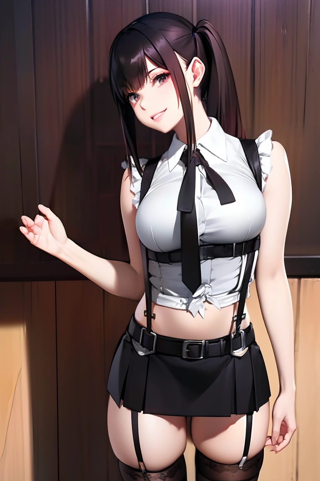a belt suspenders Black miniskirt neck tie Black tank top Black stockings Brown hair poneyTail Gray eyes holster bobby Garter belt on the legs Brown hair a smile piece Moderate breasts