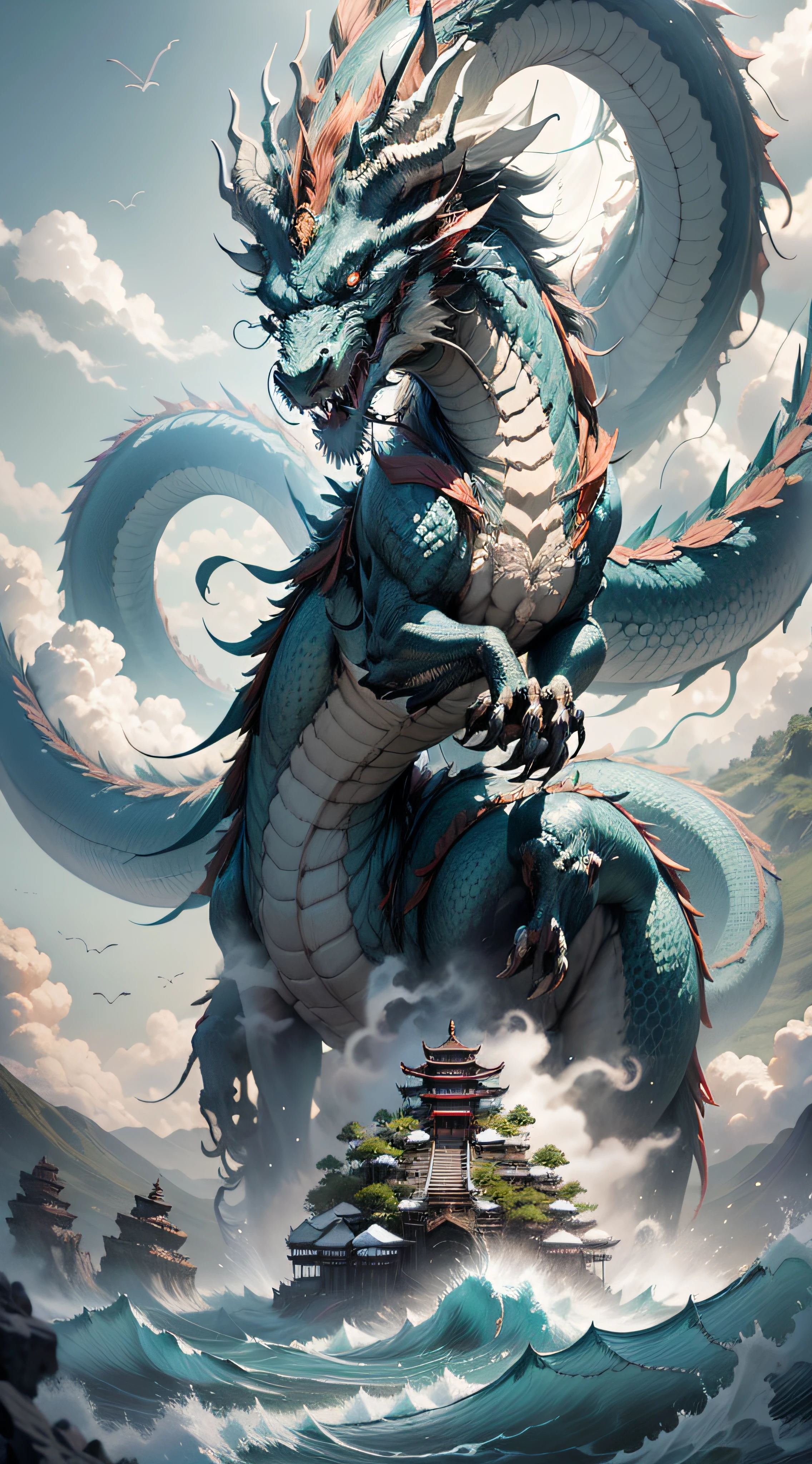 A giant dragon that devours the sun and moon like a mountain，The figure is visible in the clouds，The black water is turbulent，（The waves are skyrocketing），Senzan Island，（Pavilions in mid-empty clouds），（（surrounded by cloud）），tosen，Fierce，（（Chinese mythology）），high qulity，super-fine，Detailed pubic hair，Accurate，（tmasterpiece），Works of masters，（16K resolution），电影灯光，Dynamic viewing angle 117/2000