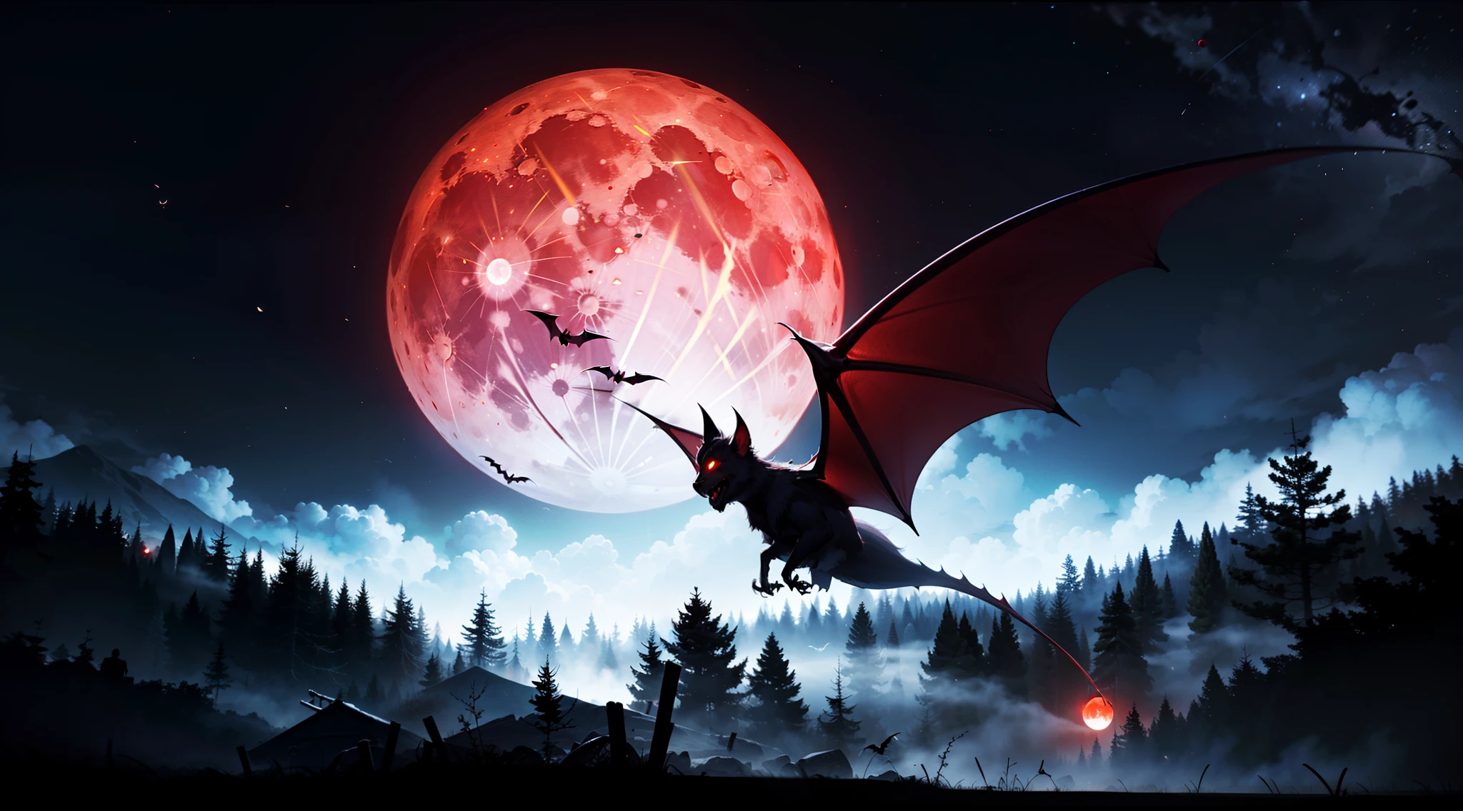 ((1 Huge Red Moon 1.5)),Bats flew from the front of the moon,Pitch Black Forest,A scarlet mist pervaded,(Vampires spread their wings in the air and fly high 1.4)