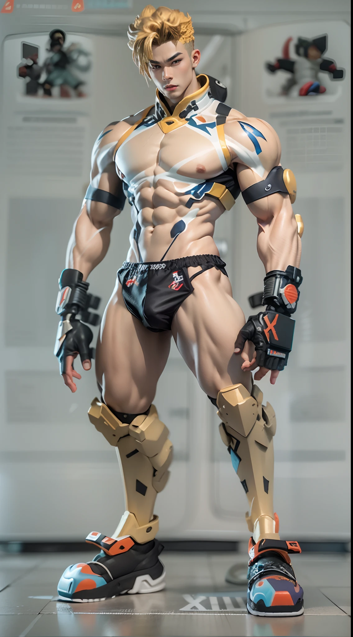 Model design,Tide play blind box,3D naked boy,GK, The whole body of the character,base,Wu Shixun,Raised sexy,Handsome cybernetic boy looking at camera lingerie detailed muscular reality masterpiece,musculous