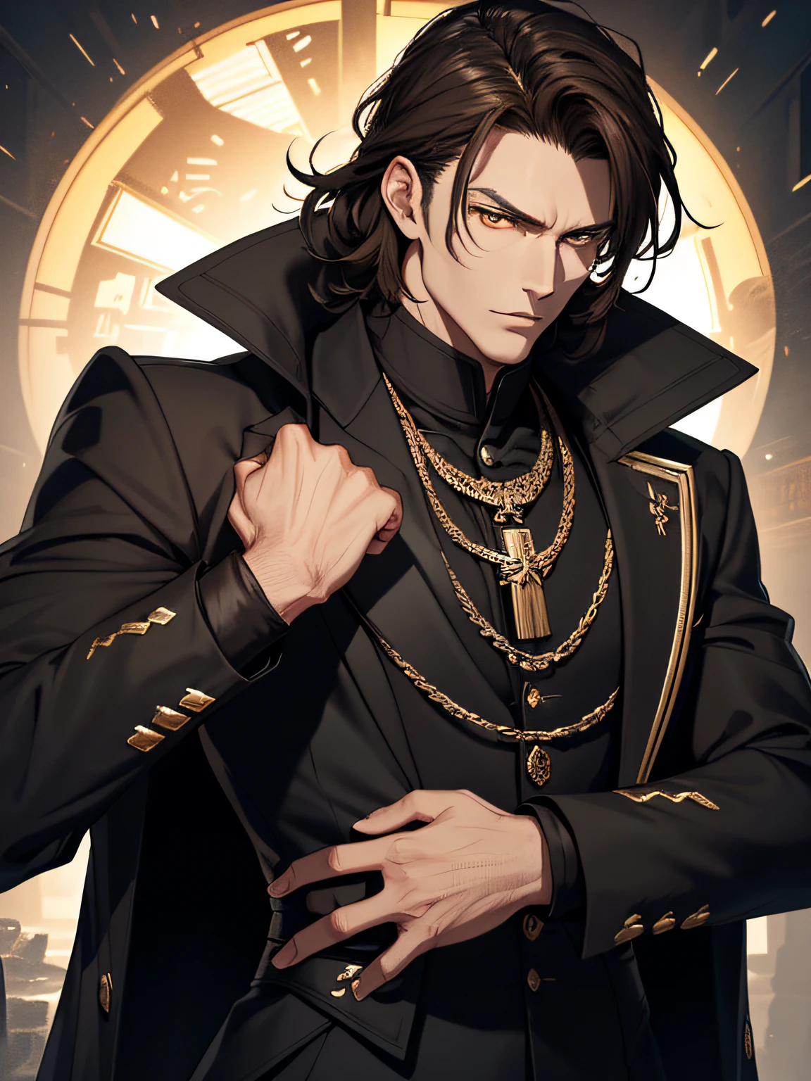 （absurderes，A high resolution，ultra - detailed），mature，handsome，Tall muscular man，a broad shouldered，brown  hair，Yellow eyes，Brown coat，Fine eyes and detailed face， tmasterpiece， Best quality at best， 1boy， Holds a double gun， Two shots， intricate gun， 独奏， handsome， short detailed hair， T 恤， black black jacket， Black pantsuit， The upper part of the body，（Warhammer fantasy theme：1.1）