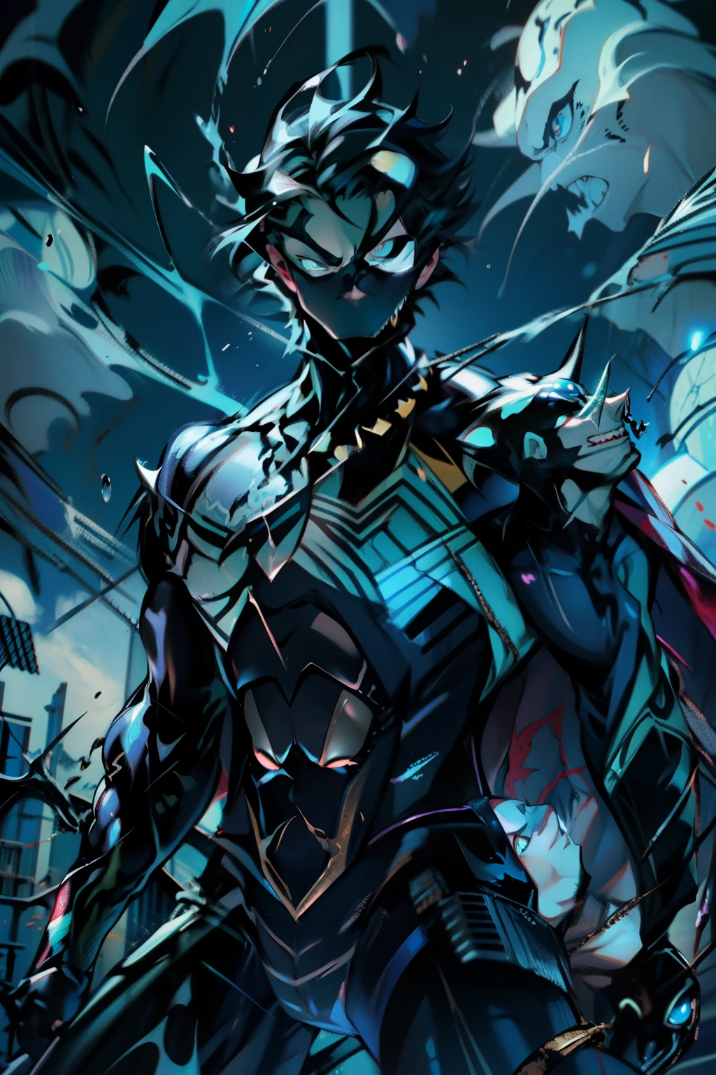 《the original god》Arataki Kazuto , male people， chest muscle， Sexy , Venom symbiote for your body, Black mucus of the body , into venom, venomize，Black bodysuit，（Cloak），Red cape，Abs，（Adult male）（（Venom possession，venom symbiote）），over-Tortoise Man，Battle damage，((Masterpiece)), ((Best quality)), Ultra detailed,((illustration)), Dynamic Angle, Detailed light, (Delicate eyes), Floating, 1boy, Male focus, Head, Clothing, Yellow eyes, necklace, tattoo, (Forehead:0.8), (ahoge:0.8), jewelry, brunette color hair,apathy，Ray， chest muscle， Sexy , Venom symbiote for your body, Black mucus of the body , （into venom）, Venom，frontage，Bust photo，White tight-fitting top，spiderman outfit，style of anime4 K， 4K anime wallpaper， Badass anime 8 K， 4 k comic wallpaper， young anime man， Anime boys， Anime wallpapers 4 k， Anime wallpaper 4K， High quality anime art style， Anime moe art style， Anime art wallpaper 8 K， Anime art wallpaper 4 K， RGB lighting，