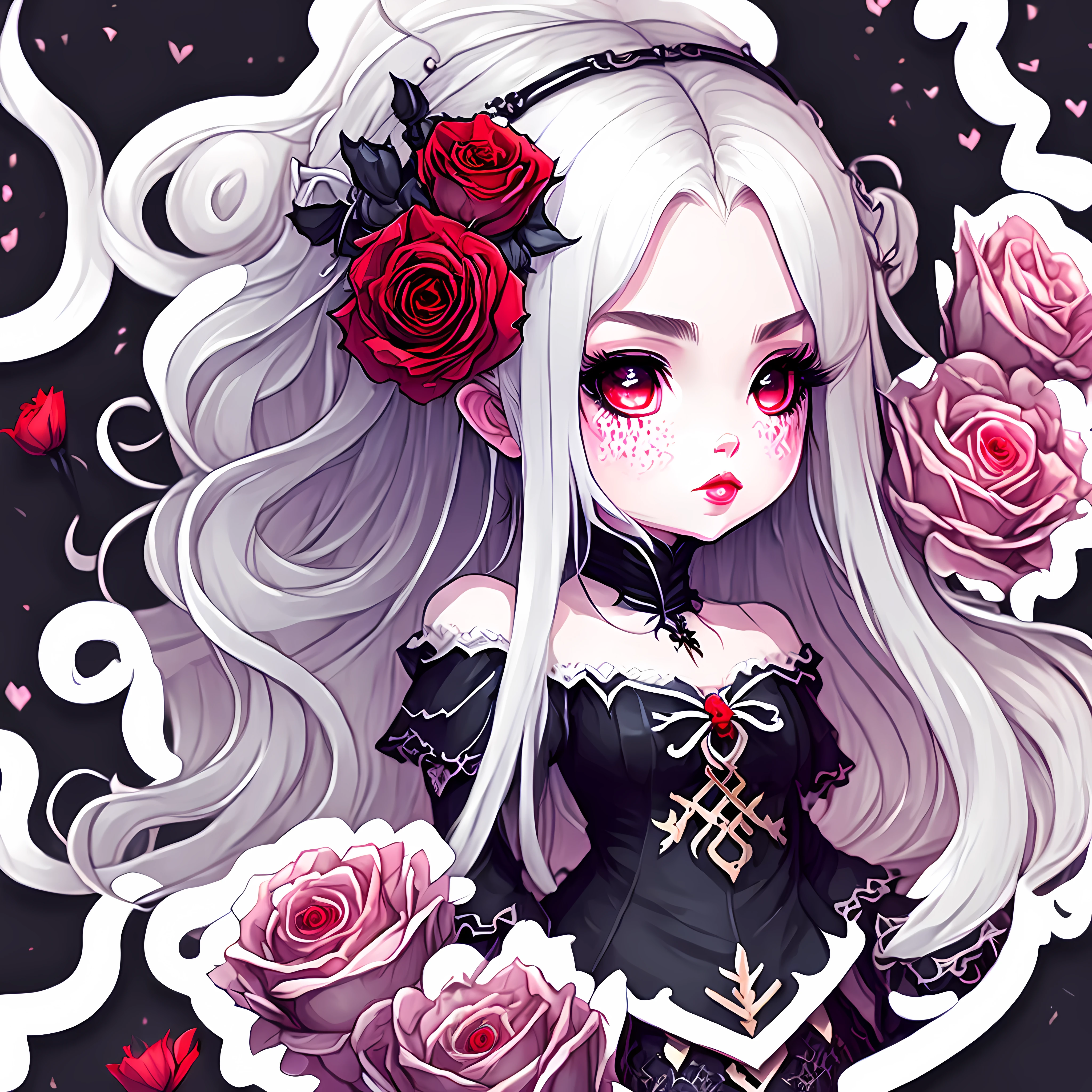 sticker anime Chibi Vampire girl, long white hair, gothic style, roses in hair,dark black eyelashes ,glowing red eyes, digital illustration, comic style, gothic renaissance, perfect anatomy, centered, approaching perfection, dynamic, highly detailed, watercolor painting, artstation, concept art, smooth, sharp focus, illustration, art by wlop and ross tran ,