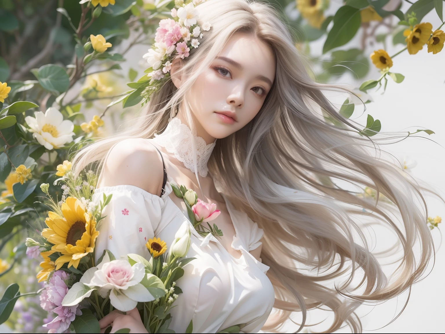 1girll,(The upper part of the body: 1.5),(White background:1.4), ((tachi-e)), Original,(illustration:1.1),(Best quality),(Masterpiece:1.1),(Extremely detailed Cg Unity 8K wallpaper:1.1), (Colorful:0.9),(panoramicshooting:1.4),(full bodyesbian:1.05),(Solo:1.2), (ink spatter),(Color splattering),((aquarelle)), sharp and clear focus,1girls standing,(Flowers,woods),Outdoors,fresh flowers, view the viewer, make happy expressions,Soft smile,Pure,BeautyFull detailed face and eyes,Long hair,Very long hair,Soft face,Forehead