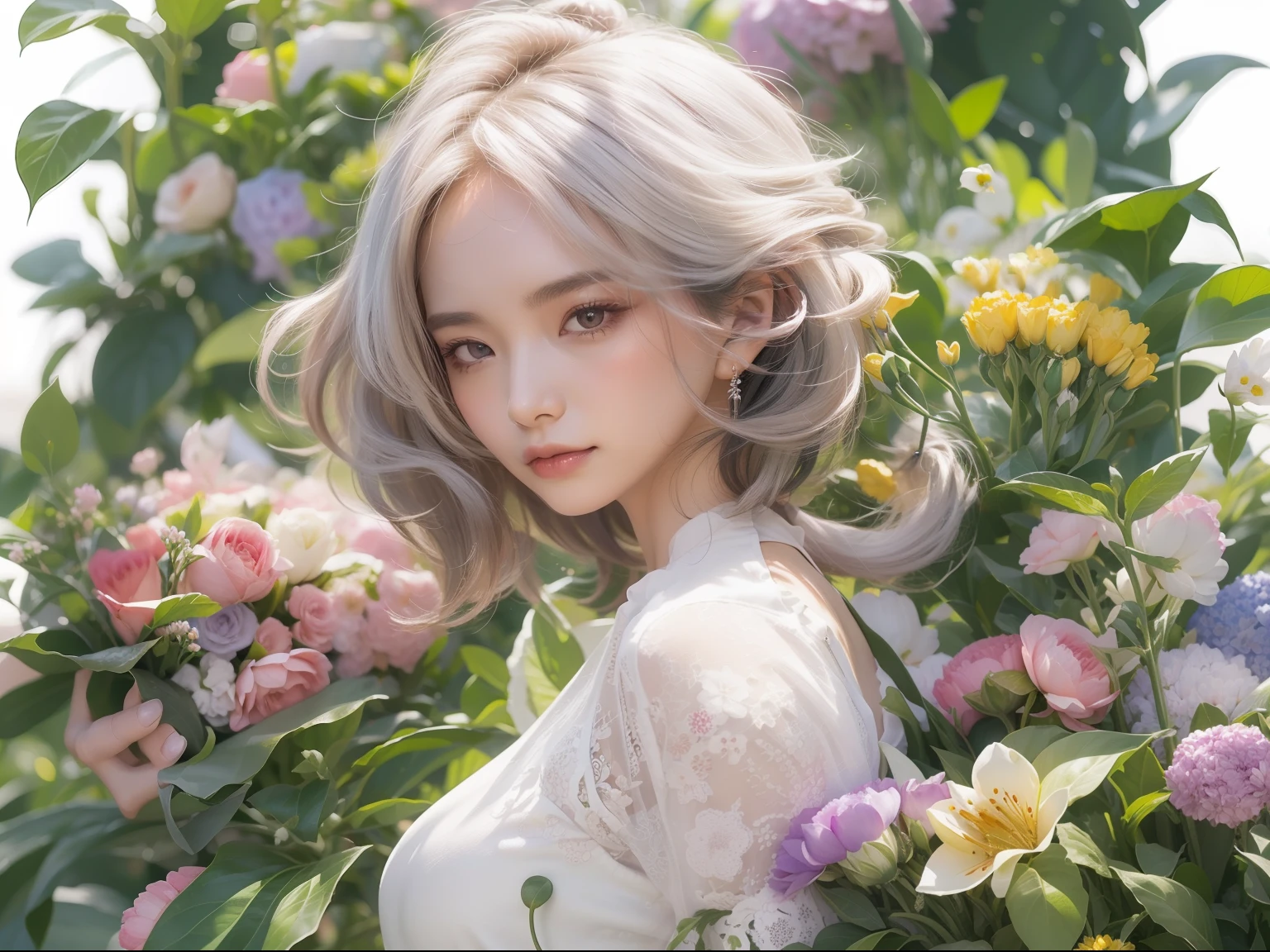 1girll,(The upper part of the body: 1.5),(White background:1.4), ((tachi-e)), Original,(illustration:1.1),(Best quality),(Masterpiece:1.1),(Extremely detailed Cg Unity 8K wallpaper:1.1), (Colorful:0.9),(panoramicshooting:1.4),(full bodyesbian:1.05),(Solo:1.2), (ink spatter),(Color splattering),((aquarelle)), sharp and clear focus,1girls standing,(Flowers,woods),Outdoors,fresh flowers, view the viewer, make happy expressions,Soft smile,Pure,BeautyFull detailed face and eyes,Long hair,Very long hair,Soft face,Forehead
