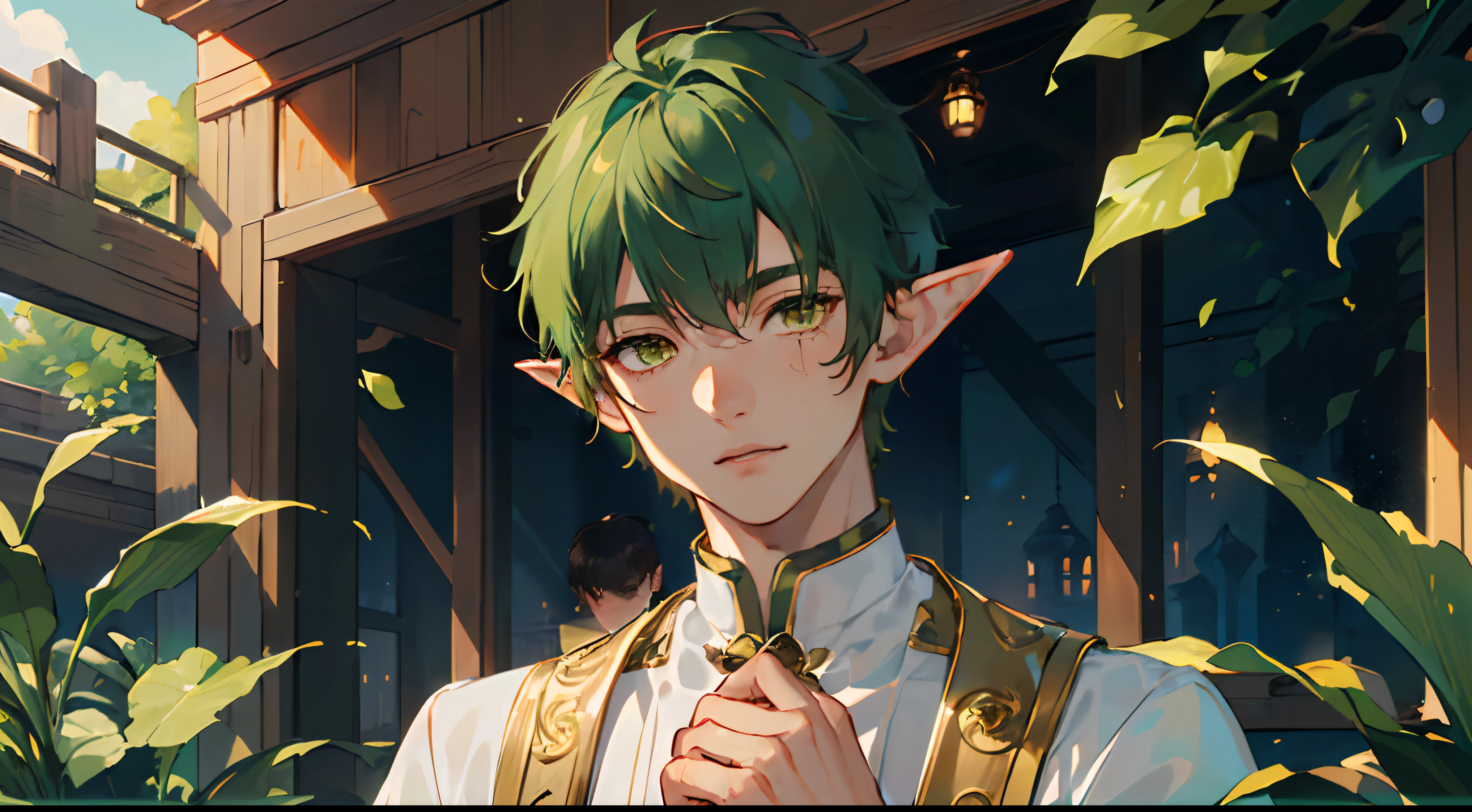 (AS-Young:1.7), (1boy:1.8), (male focus:1.2), (cute:1.7) solo, solo focus, masterpiece, ((exquisite_detail)), illustration, (handsome), extremely_detailed_CG, green hair, gold eyes, golden robe, merchant, leaf, looking at the viewer, turned around, cute boy with elf ears, hands behind the back