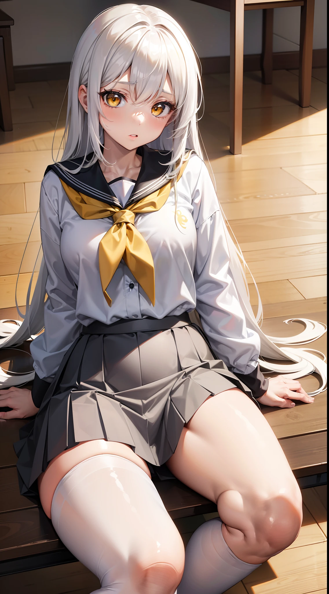 1 Anime Girl with Long White Hair Is Yellow Eye, Wearing a Skirt is School Clothes, Corada, em uma sala de aula, Sentada na Mesa, de perna Aberta, Mostrando Cueca Branca, is wearing white pantyhose, white hair is yellow eye, is flushed, Wearing a Skirt is School Clothes, Corada, Sentada na mesa, da sala de Aula, has his legs spread, usando cueca branca, ((Corpo Perfeito Super Detalhado))